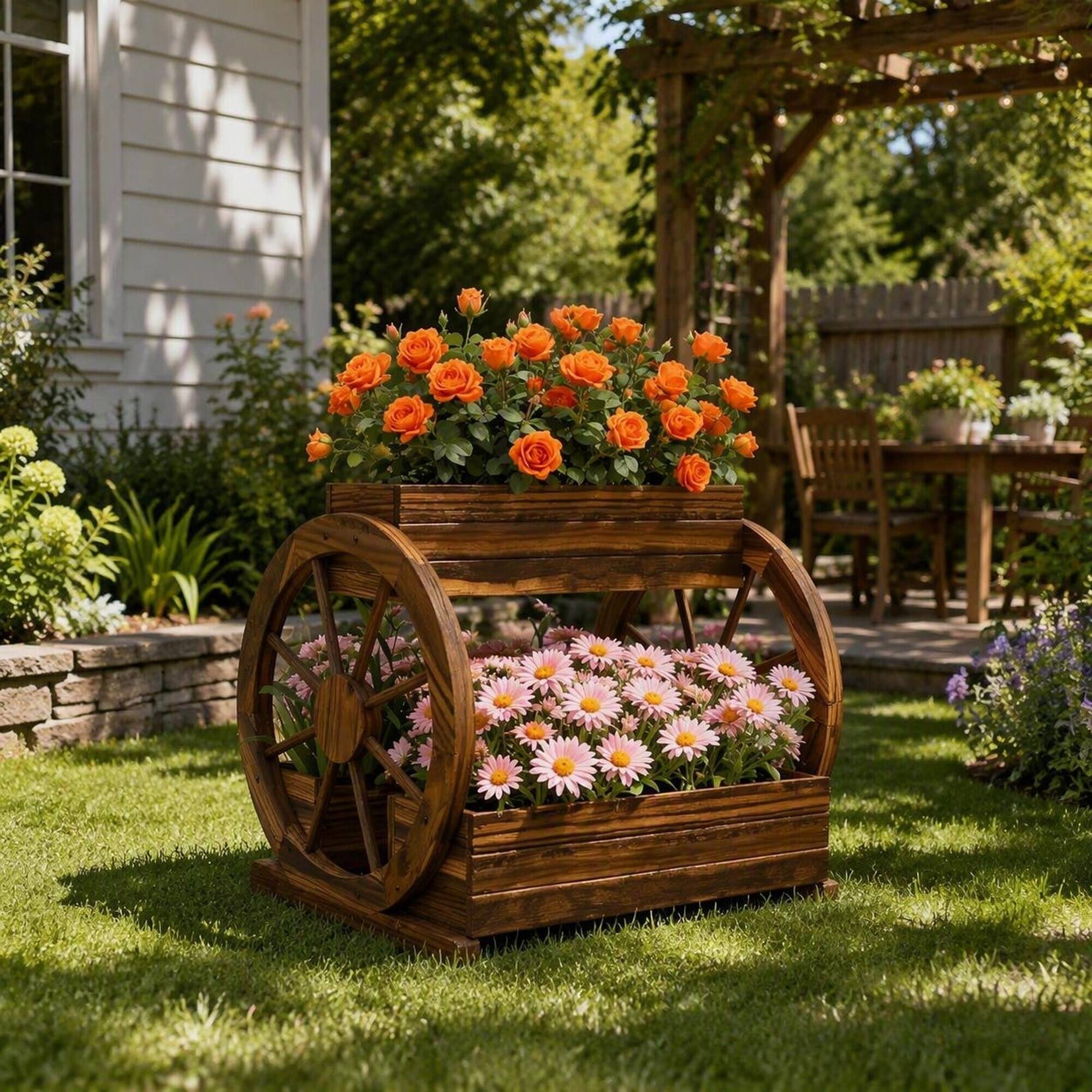 Alt View 2. RYHNUYNE - 3-Tier Wooden Wagon Planter with Decorative Wheels for Vegetables Flowers Herbs, Carbonized Fir Raised Garden Bed - Black+Brown.