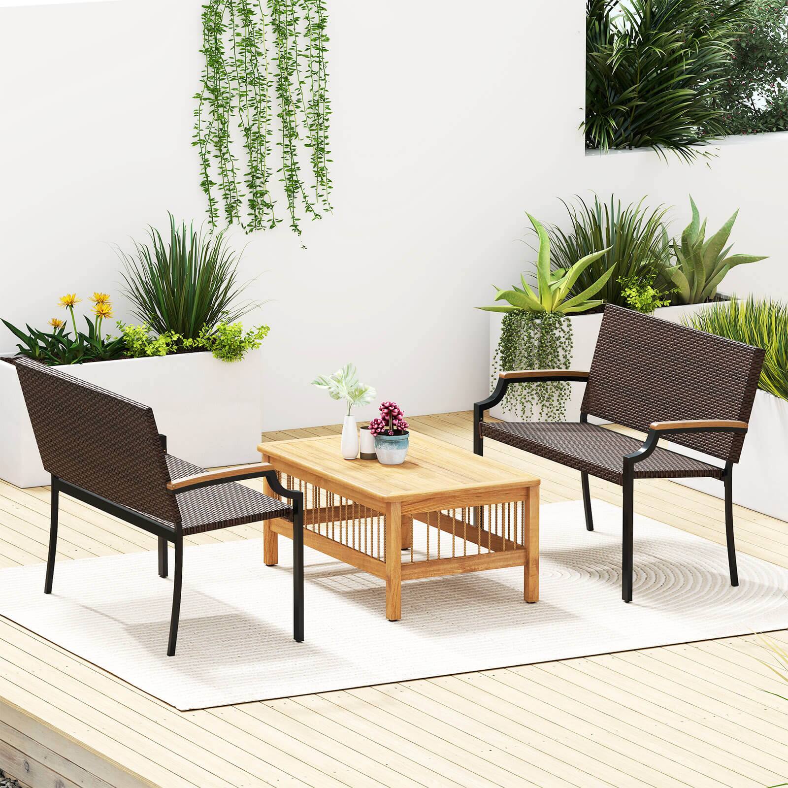 Alt View 4. Costway - Costway 2 PCS Patio Wicker Loveseat Chair with Acacia Wood Armrests Metal Frame for Backyard - Brown.