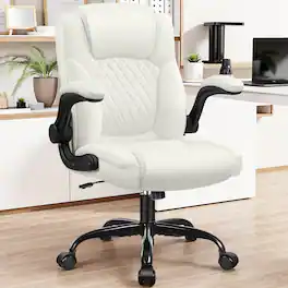 KERDOM - PU Leather Mid-Back Ergonomic Home Office Desk Chair with Flip-Up Arms, Padded Rolling Wheels Swivel Tilt Chair - White