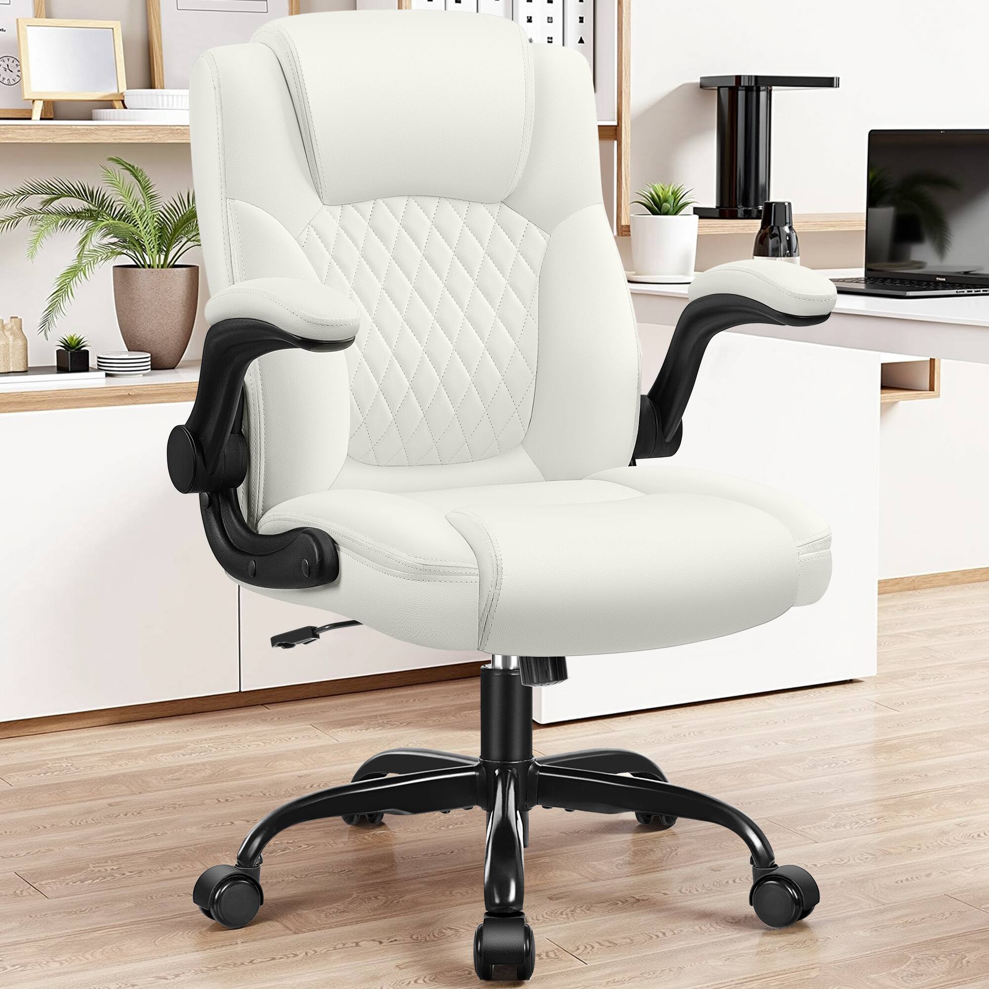Front. KERDOM - PU Leather Mid-Back Ergonomic Home Office Desk Chair with Flip-Up Arms, Padded Rolling Wheels Swivel Tilt Chair - White.