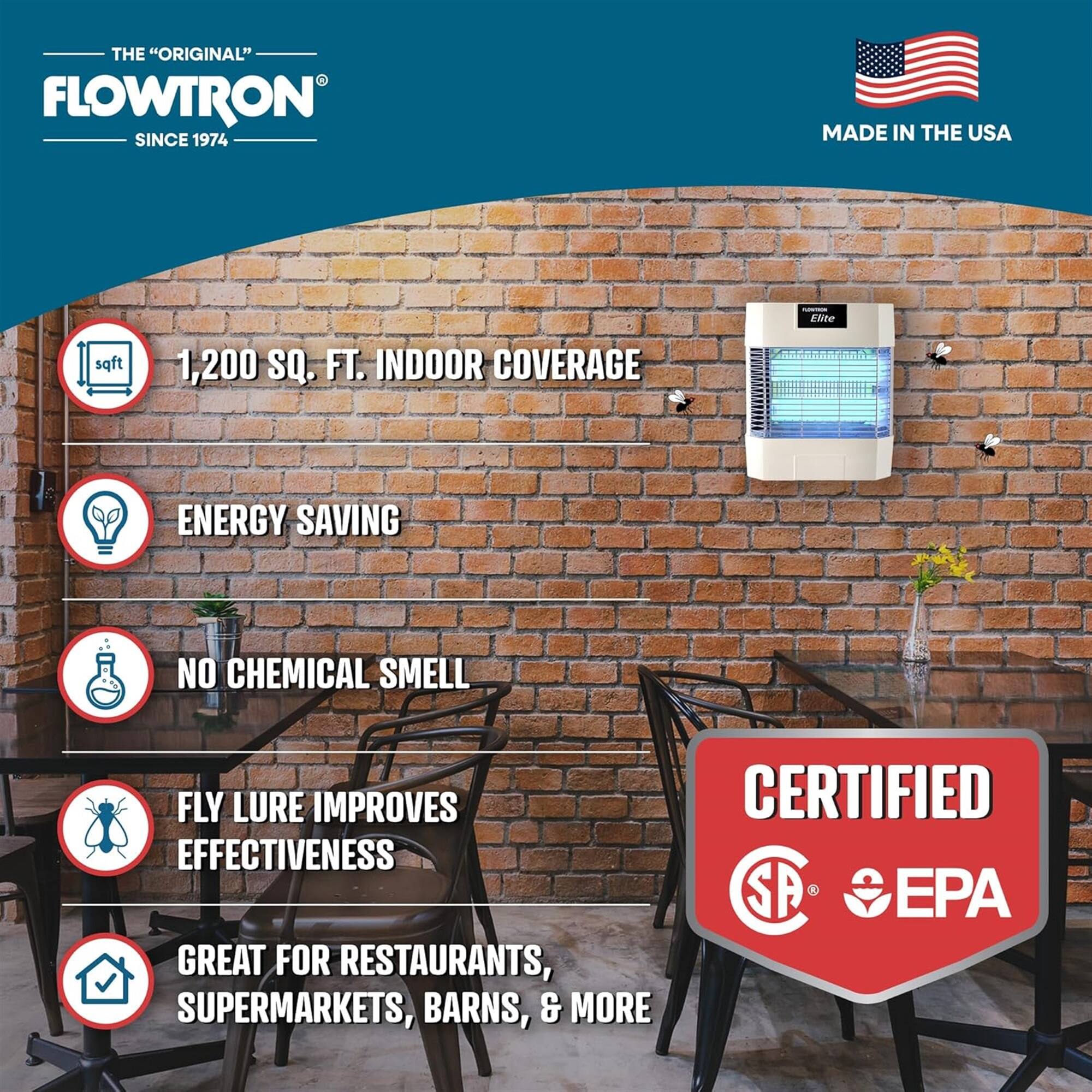 THE "ORIGINAL" FLOWTRON SINCE 1974 MADE IN THE USA - 1,200 SQ. FT. INDOOR COVERAGE, ENERGY SAVING, NO CHEMICAL SMELL, FLY LURE IMPROVES EFFECTIVENESS, CERTIFIED (EPA), GREAT FOR RESTAURANTS, SUPERMARKETS, BARNS, & MORE