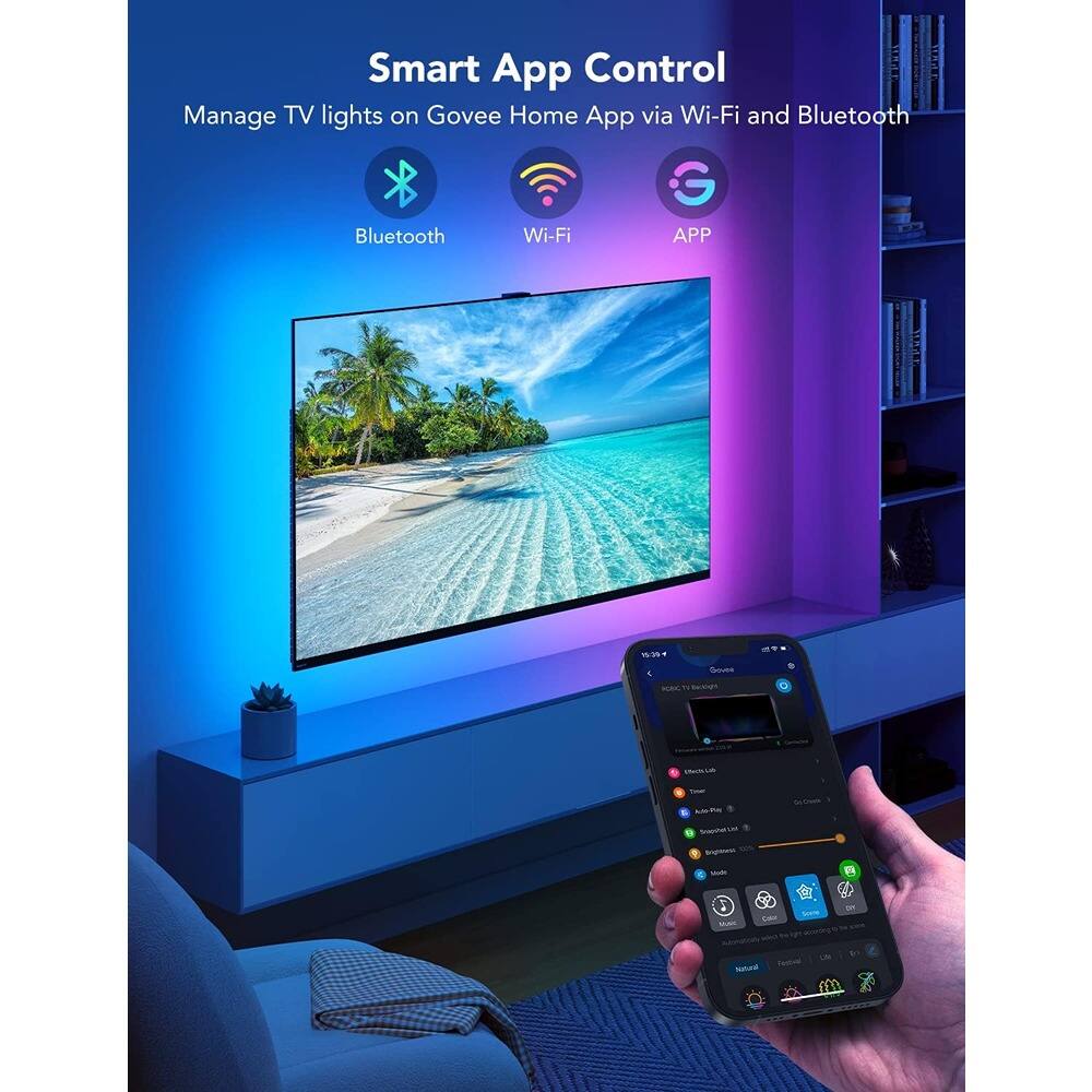 Smart App Control  
Manage TV lights on Govee Home App via Wi-Fi and Bluetooth  

Bluetooth  
Wi-Fi  
APP  

Govee  
Grovee TV Backlight  
Auto-Play  
Browsing Light  
Mode  
Natural  
Festive  
Luxe
