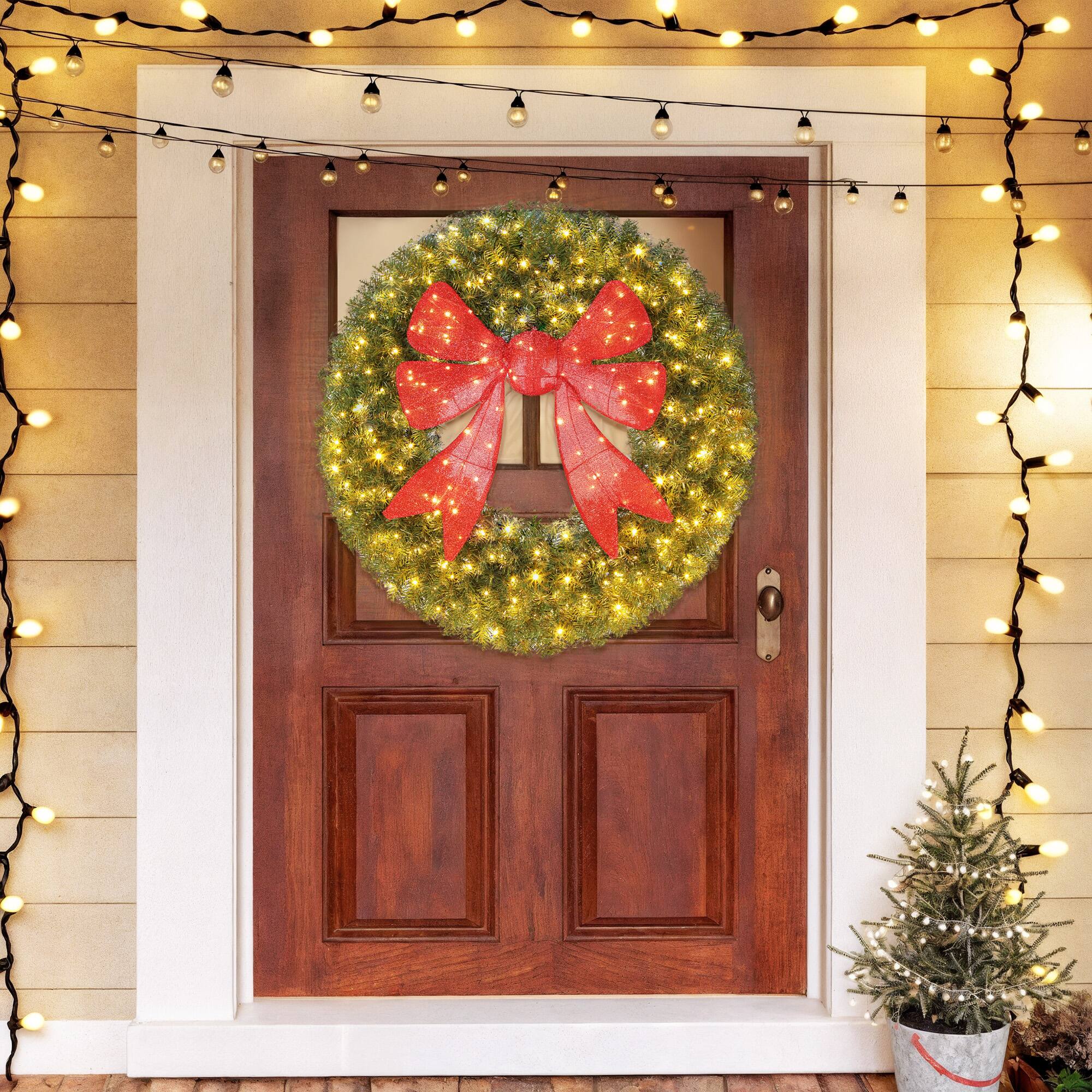 Alt View 7. Homcom - 36in Pre-Lit Artificial Xmas Wreath, 3D Red Bow, 11 Modes, Remote, 140 LEDs, 300 Tips, Indoor Outdoor - Green.