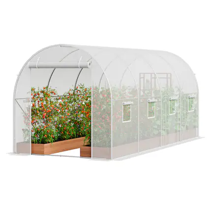 Front. VEVOR - Walk-in Tunnel Greenhouse, 14.6x6.4x6.3 ft Hoop House Greenhouse Tunnel, Plant Hot House with Galvanized Steel Frame - White.