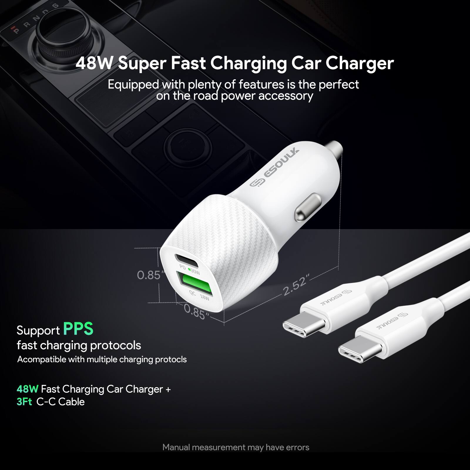 RNDS 48W Super Fast Charging Car Charger Equipped with plenty of features is the perfect on the road power accessory ESOULK PO 0.85" DC 0.85" Support PPS fast charging protocols Acompatible with multiple charging protocls 2.52" nos ezo0rR 48W Fast Charging Car Charger + 3Ft C-C Cable Manual measurement may have errors