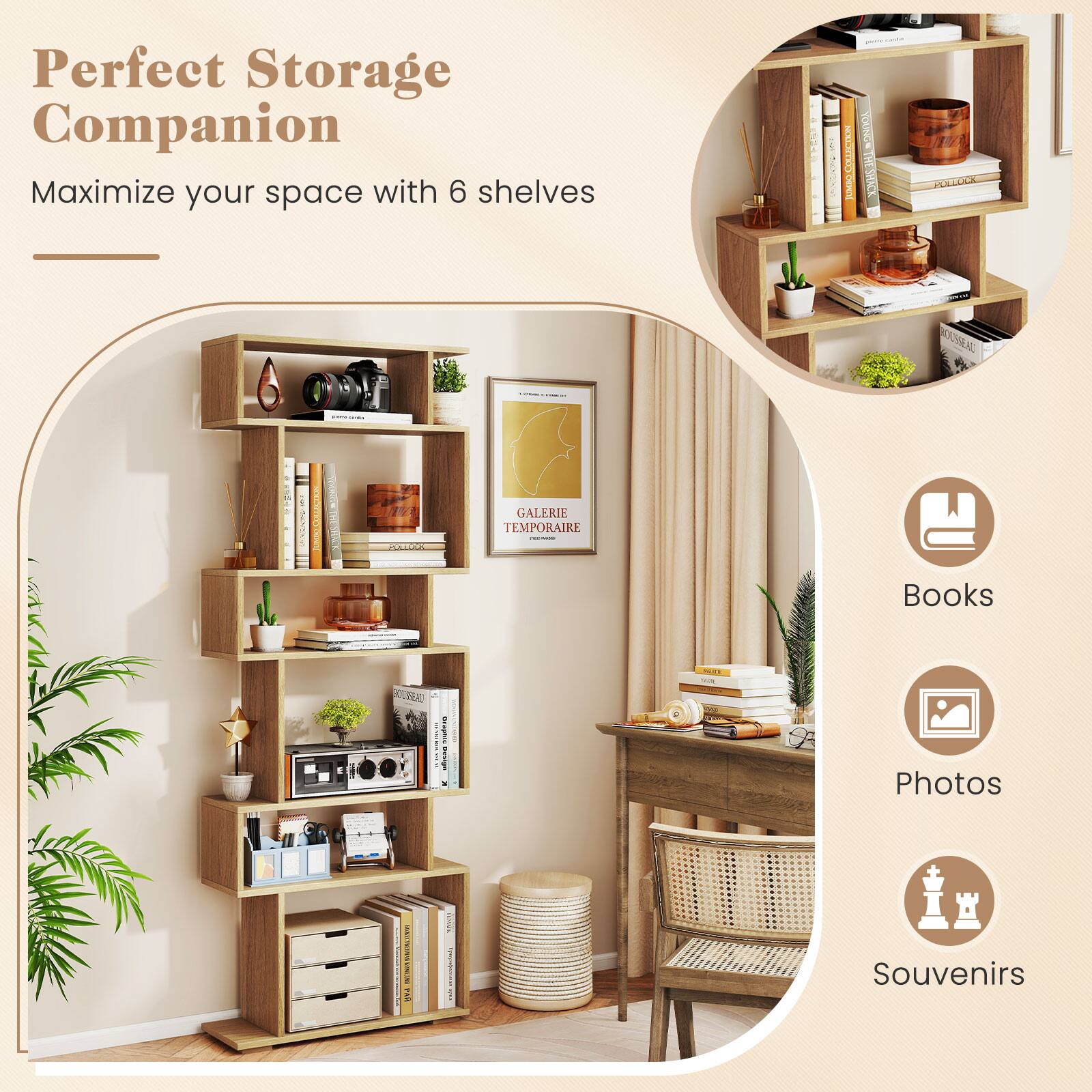 Perfect Storage Companion  
Maximize your space with 6 shelves  

Books  
Photos  
Souvenirs