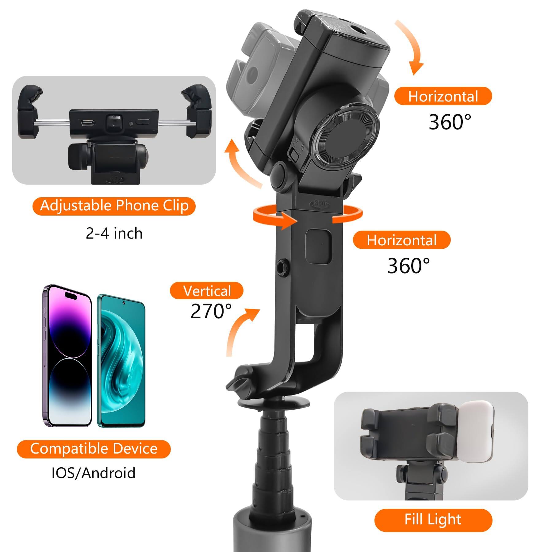 - Adjustable Phone Clip
  - 2-4 inch

- Horizontal 360°

- Vertical 270°

- Compatible Device
  - iOS/Android

- Fill Light