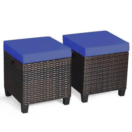 Front. Pefilos - 2 Pieces Patio Rattan Ottoman Set with Removable Cushions-Navy, All Weathe Wicke Ottoman, Outdoo Footstool Footest - Blue.