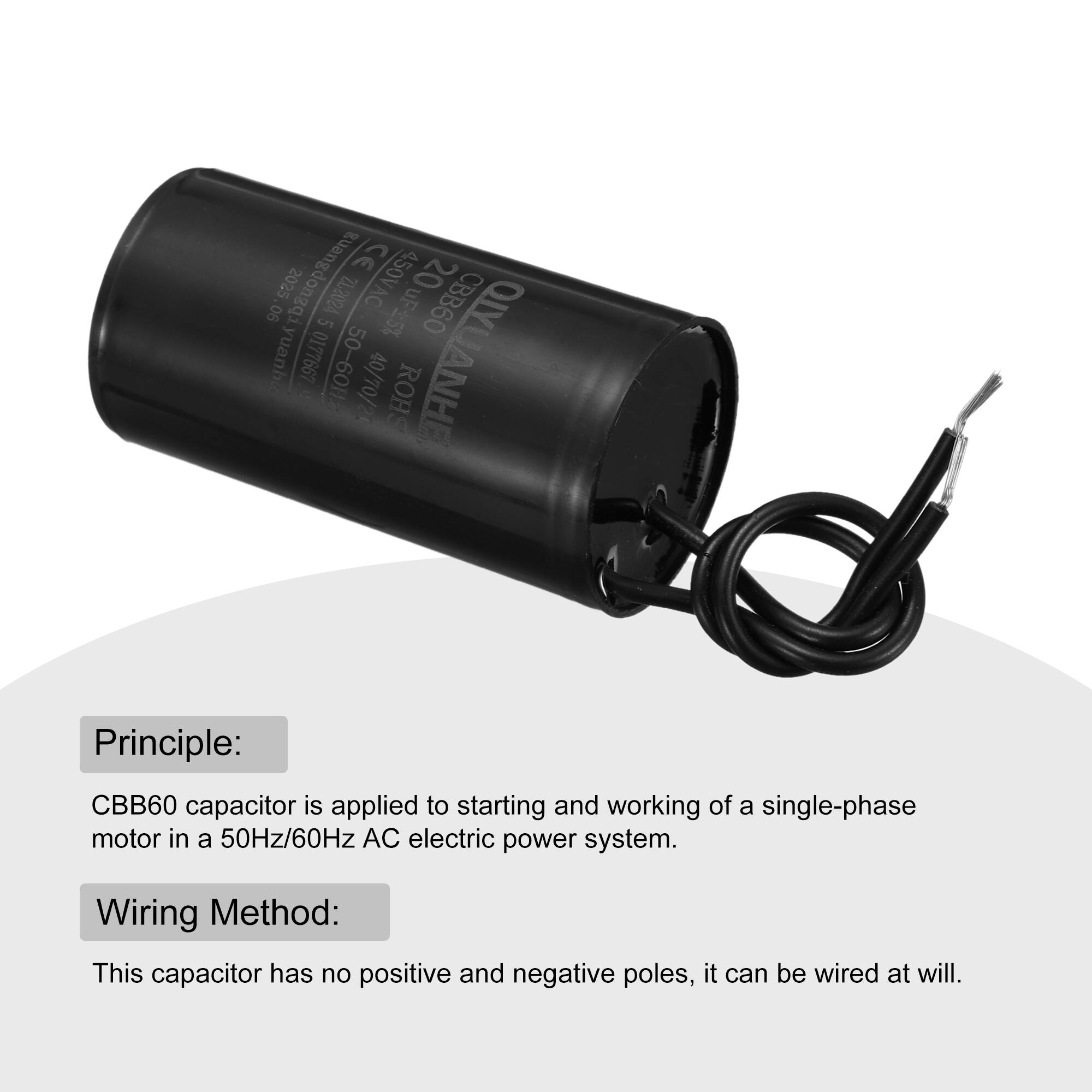 Buangdongqi CE 20 06 2025 Y20RTZ 450VAC uF CBB60 QIY 5 yuanhe 0177667 50-60H QUYUANHE

Principle: CBB60 capacitor is applied to starting and working of a single-phase motor in a 50Hz/60Hz AC electric power system.

Wiring Method: This capacitor has no positive and negative poles, it can be wired at will.