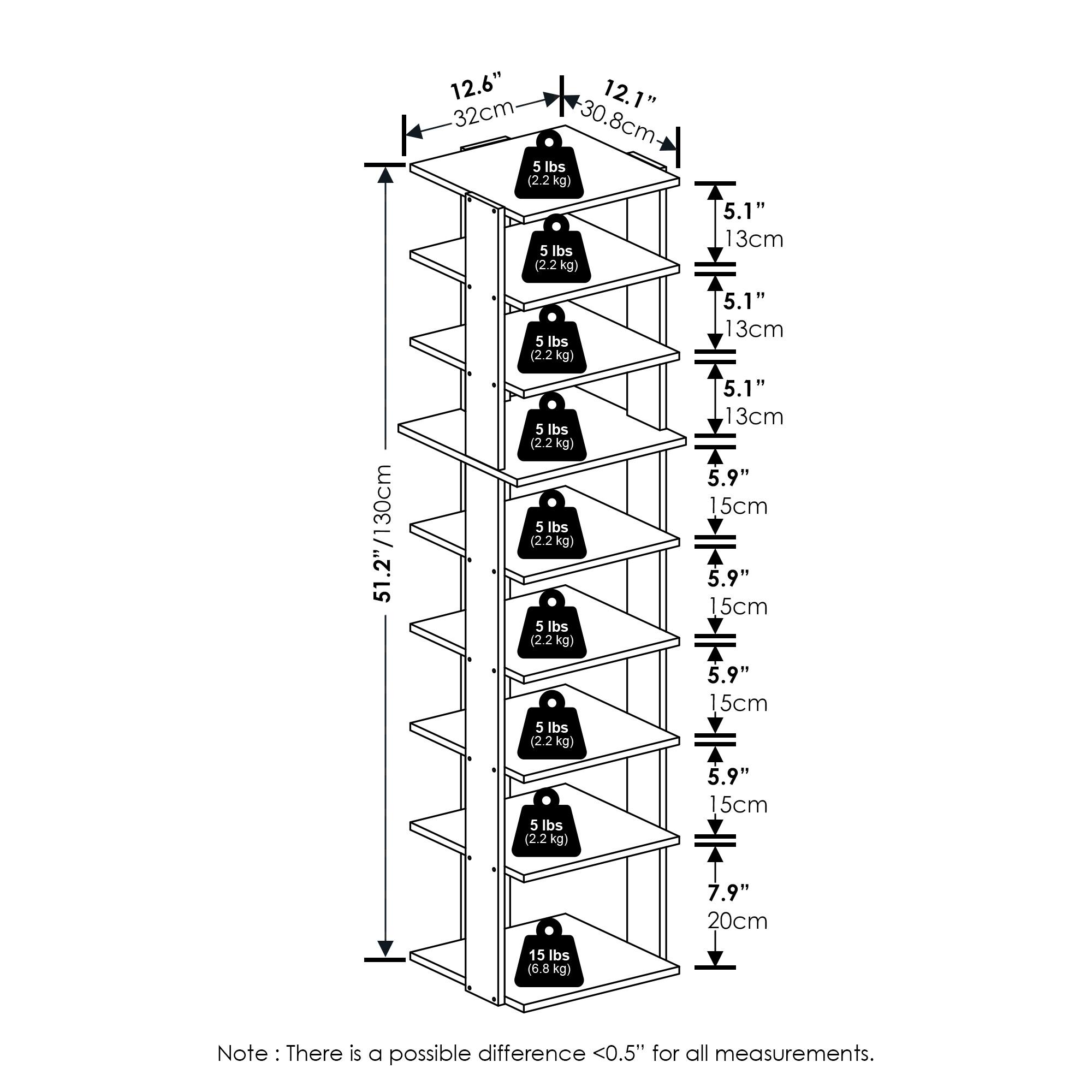 - Width: 12.6" (32cm)
- Depth: 12.1" (30.8cm)
- Height: 51.2" (130cm)
- Shelf Spacing: 5.1" (13cm)
- Shelf Capacity: 5 lbs (2.2 kg)
- Bottom Shelf Capacity: 15 lbs (6.8 kg)
- Note: There is a possible difference <0.5" for all measurements.