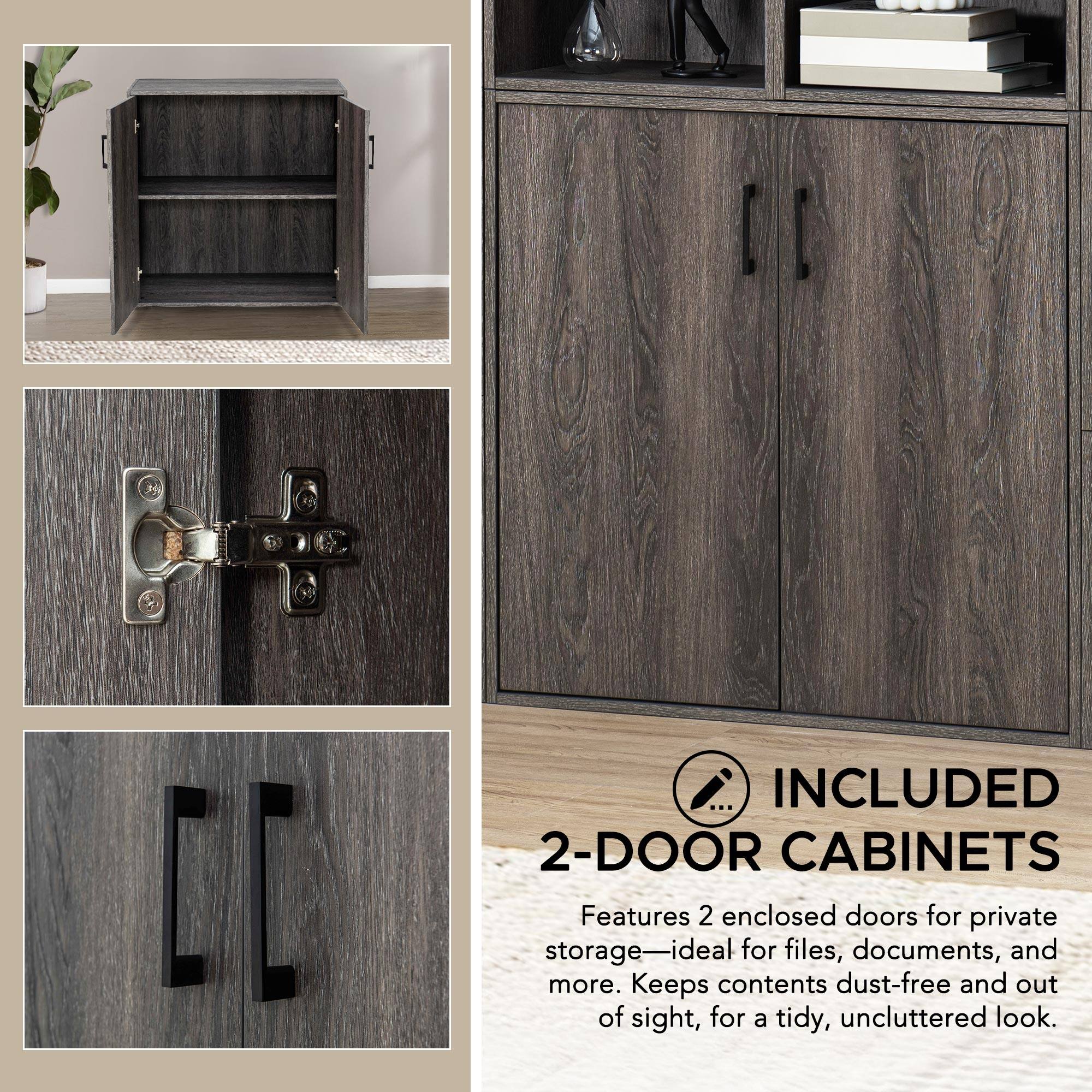 I INCLUDED 2-DOOR CABINETS

Features 2 enclosed doors for private storage—ideal for files, documents, and more. Keeps contents dust-free and out of sight, for a tidy, uncluttered look.