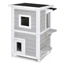 Costway - 2-Tier Wooden Cat House Outdoor Kitty Shelter w/ Escape Door Rainproof