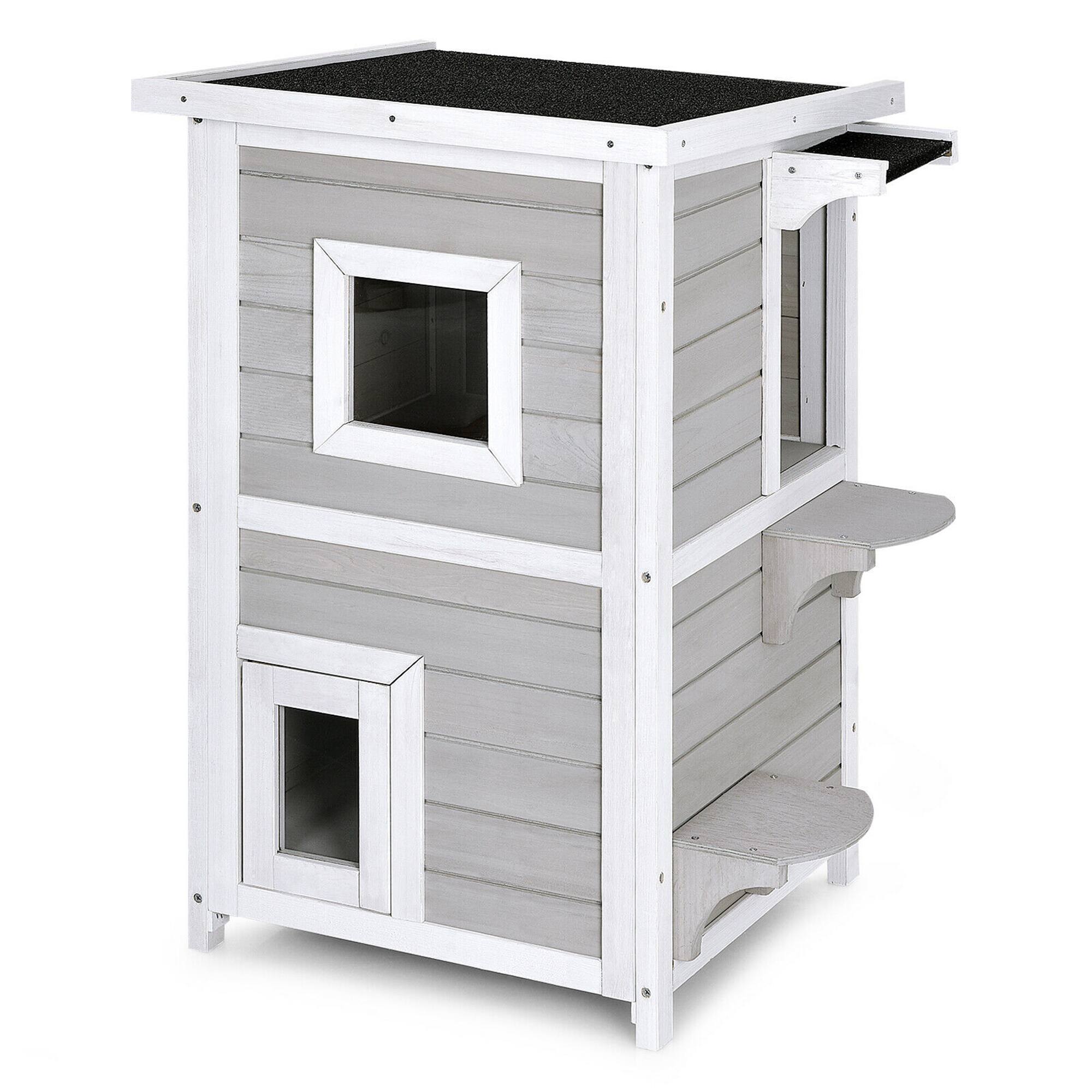 Front. Costway - Costway 2-Tier Wooden Cat House Outdoor Kitty Shelter w/ Escape Door Rainproof.