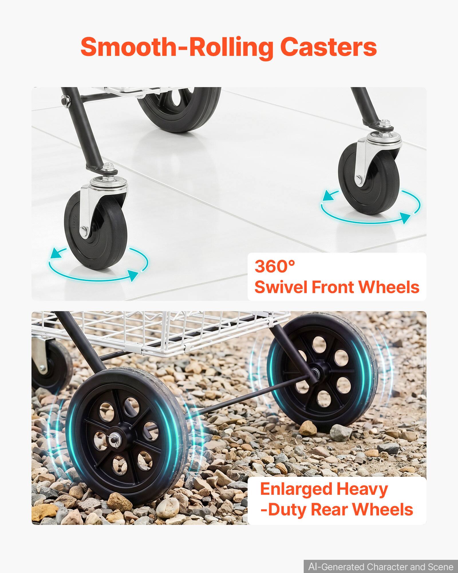 Smooth-Rolling Casters  
360° Swivel Front Wheels  
Enlarged Heavy-Duty Rear Wheels  
AI-Generated Character and Scene