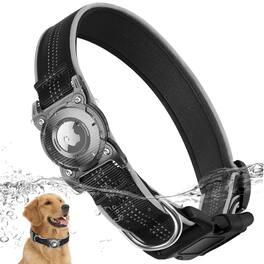 Leash Valley - Refurbished Excellent - Airtag Dog Collar Waterproof Holder With Removable Metal Loop - Heavy Duty Reflective Ultra-durable Comfortable Padded - Black-M (12"-16")