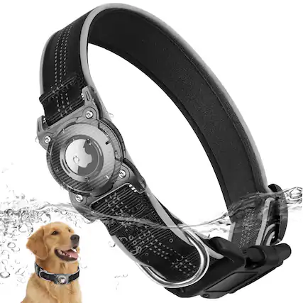 Front. Leash Valley - Airtag Dog Collar Waterproof Holder With Removable Metal Loop - Heavy Duty Reflective Ultra-durable Comfortable Padded - Black-M (12"-16").