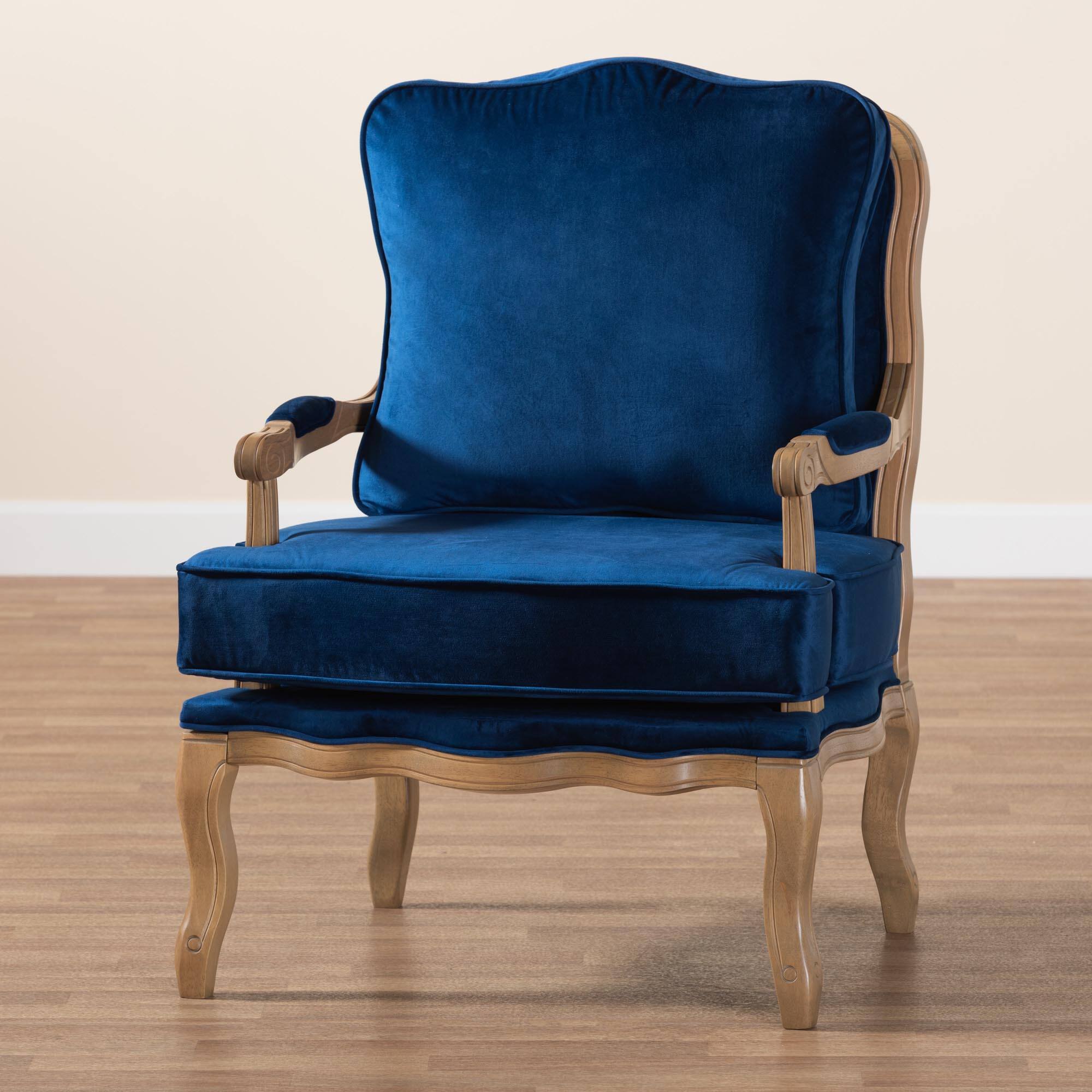 Alt View 6. Baxton Studio - Jules Traditional Fabric and French Oak Finished Wood Accent Chair - Navy Blue/ French Oak.
