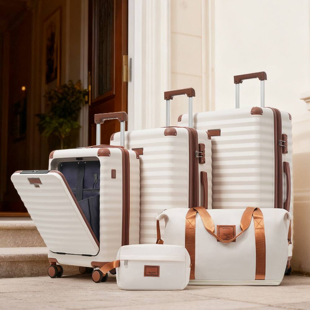 Alt View 1. Ecooso - 5-Piece Expandable ABS Spinner Luggage Set with TSA Lock, USB Port Carry-On, Cup Holder, Duffel, and Toiletry Bag - Brown+White.