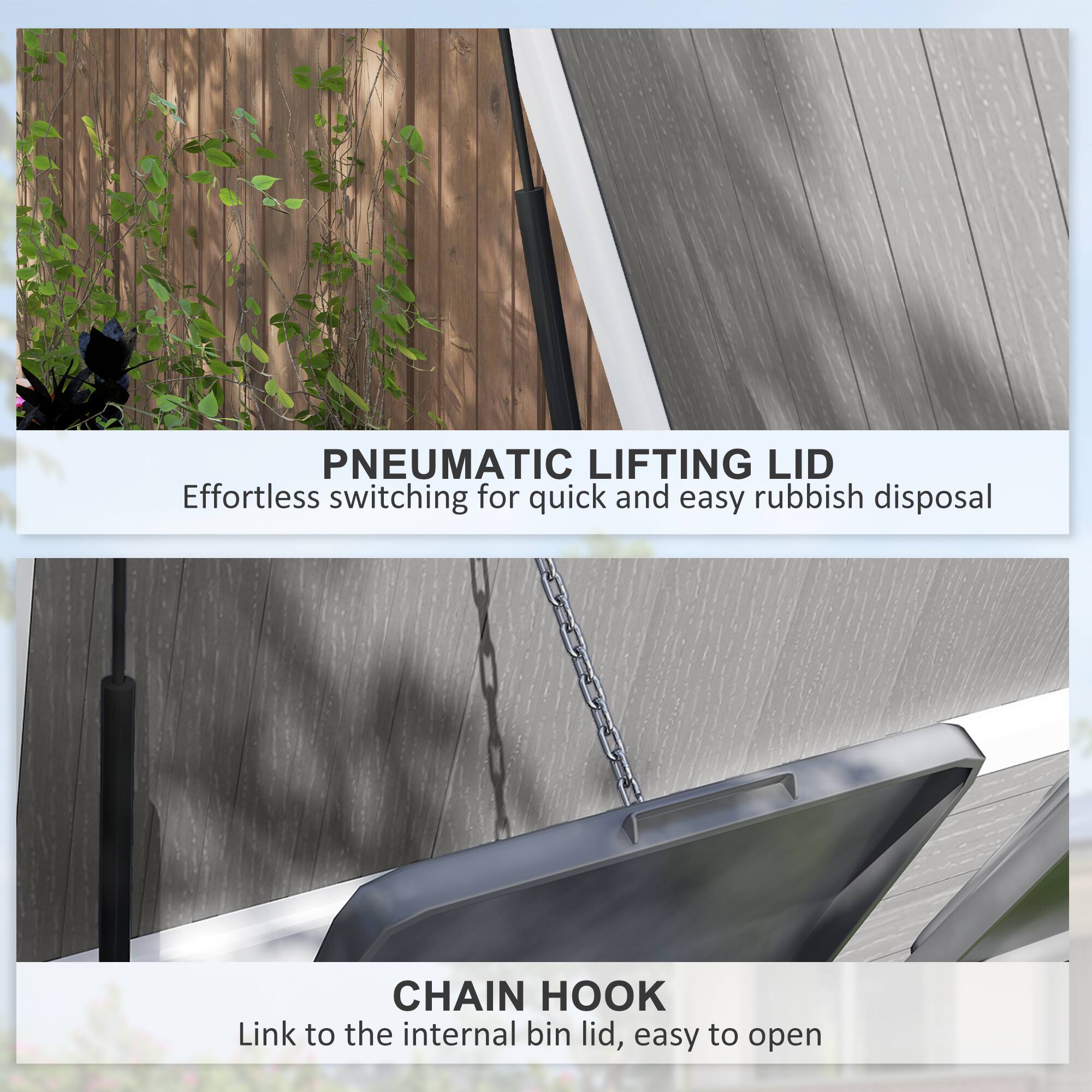 PNEUMATIC LIFTING LID Effortless switching for quick and easy rubbish disposal

CHAIN HOOK Link to the internal bin lid, easy to open