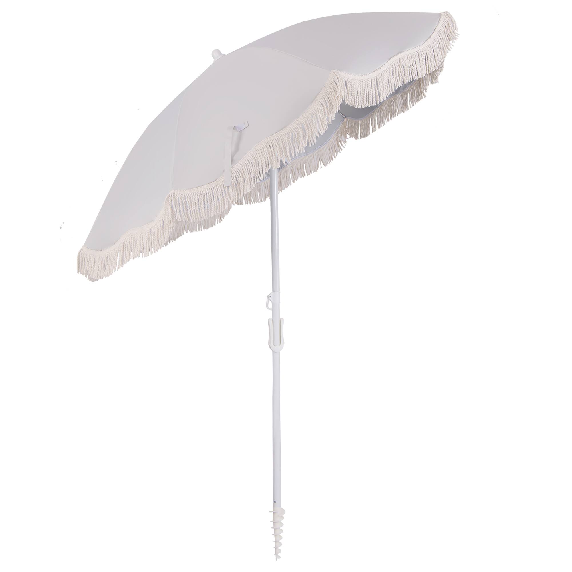 Alt View 9. Gymax - Gymax 6.5 FT Beach Umbrella w/ Fringe Tassel Umbrella w/ Push Button Tilt Sand Anchor Cream White - Cream White.