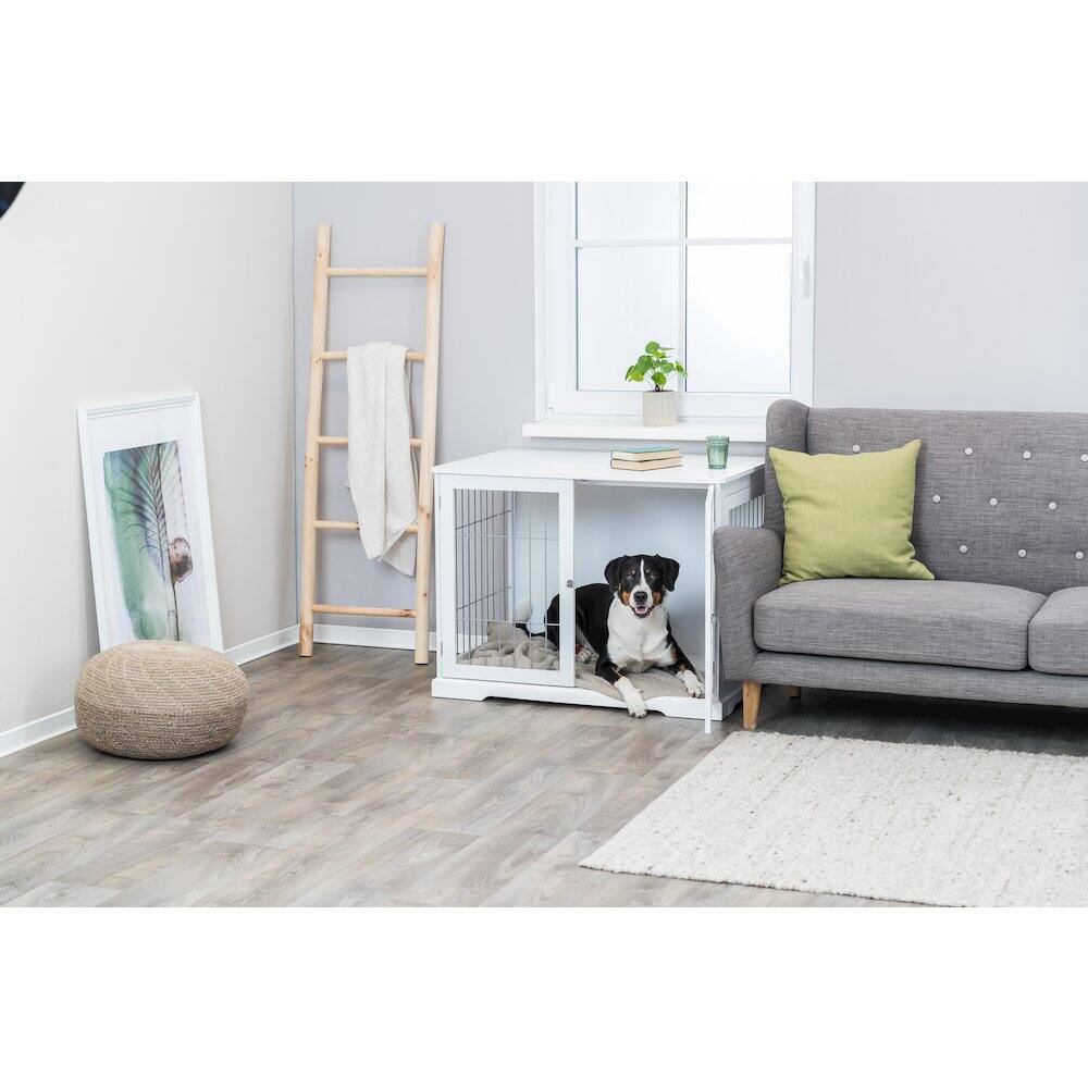 Left. TRIXIE - Dog Crate, Wooden Indoor Kennel Furniture for Dogs Up to 66 lb - White.
