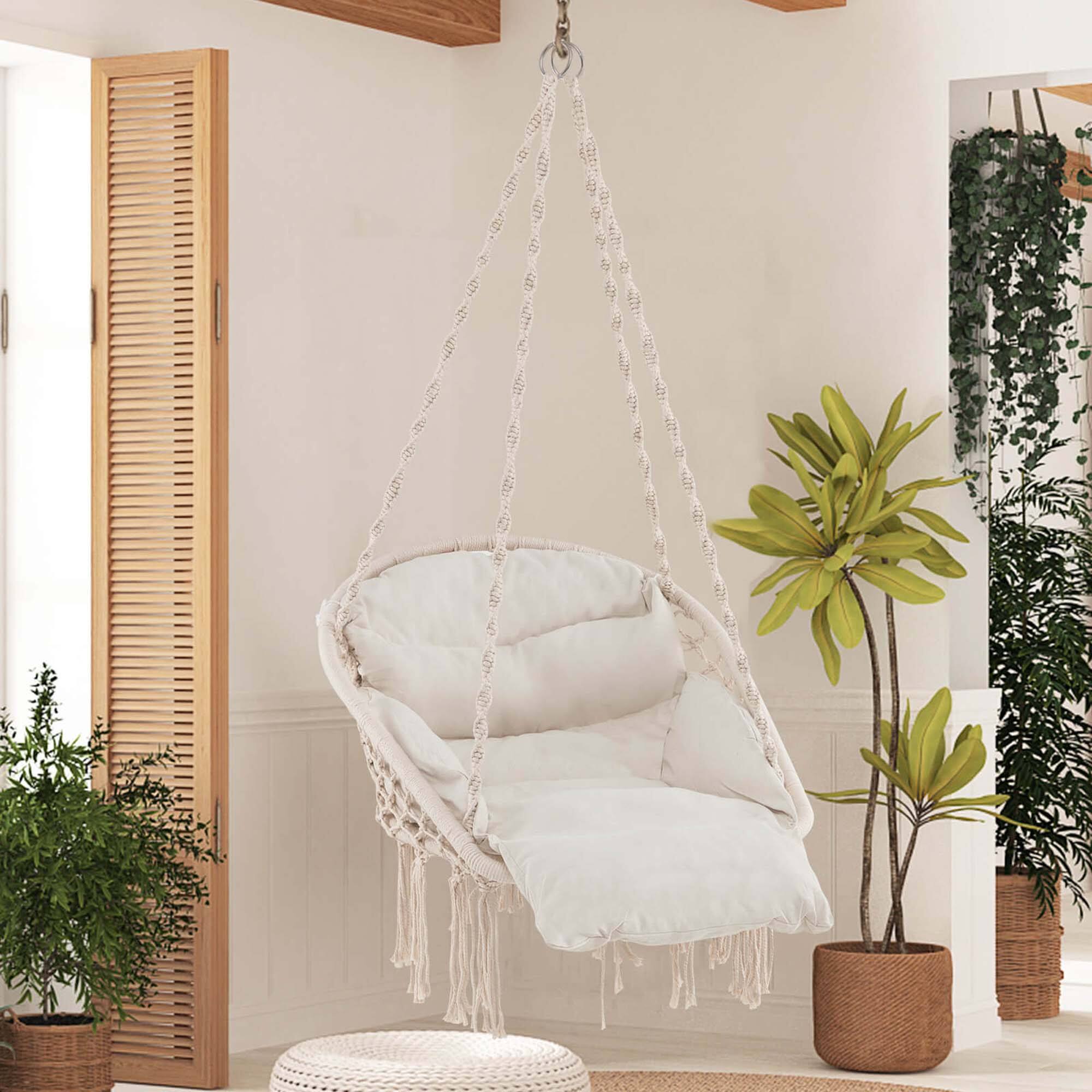 Alt View 4. Costway - Costway Macrame Hammock Chair with Oversized Padded Cushion Hand-woven Knots and Tassels - Beige.