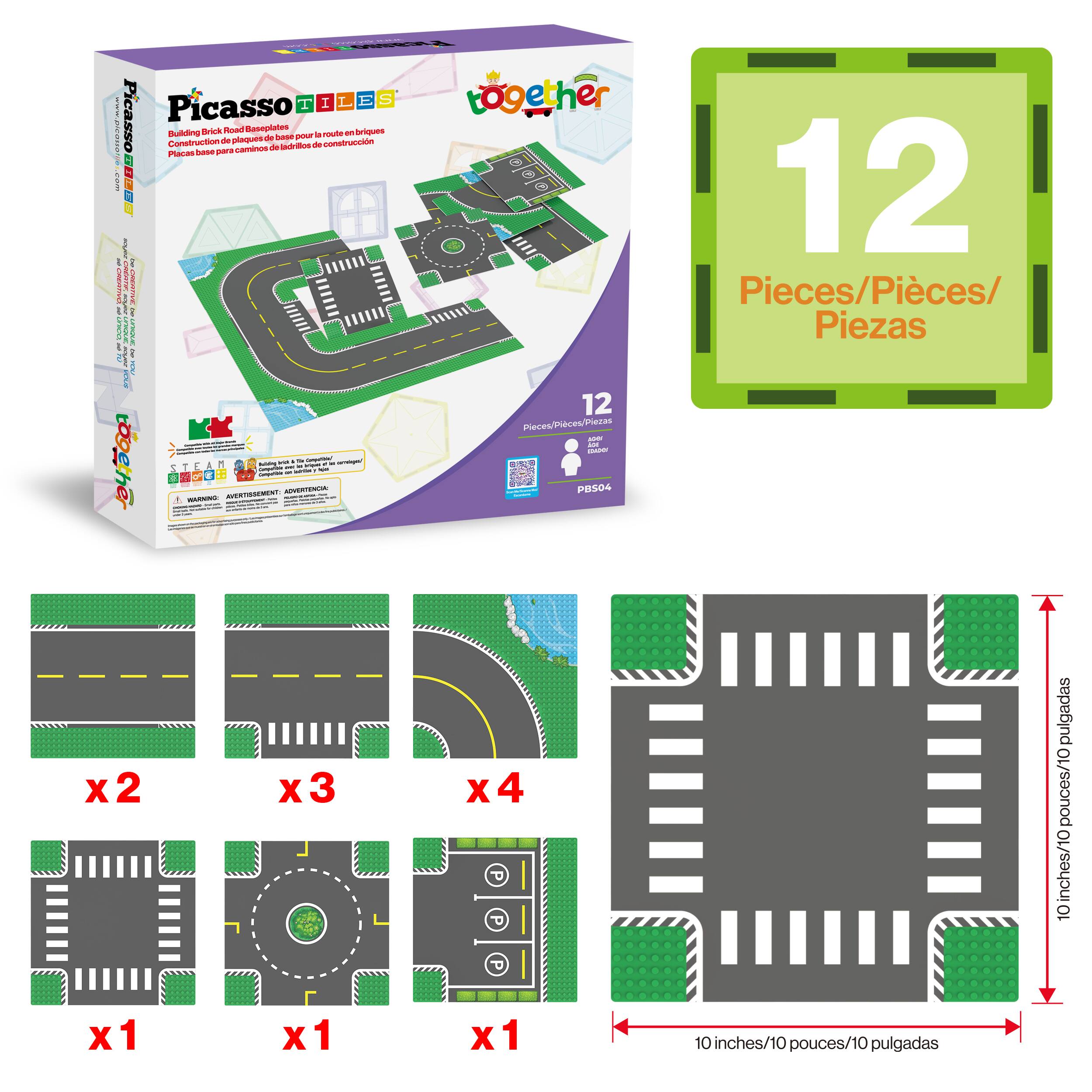 Picasso TILES  
Building Brick Road Baseplates  
Construction de plaques de route en briques  
Placas base para construir carreteras con bloques  

12 Pieces/Pieces/Piezas  

x2  
x3  
x4  
x1  
x1  
x1  

10 inches/10 pouces/10 pulgadas