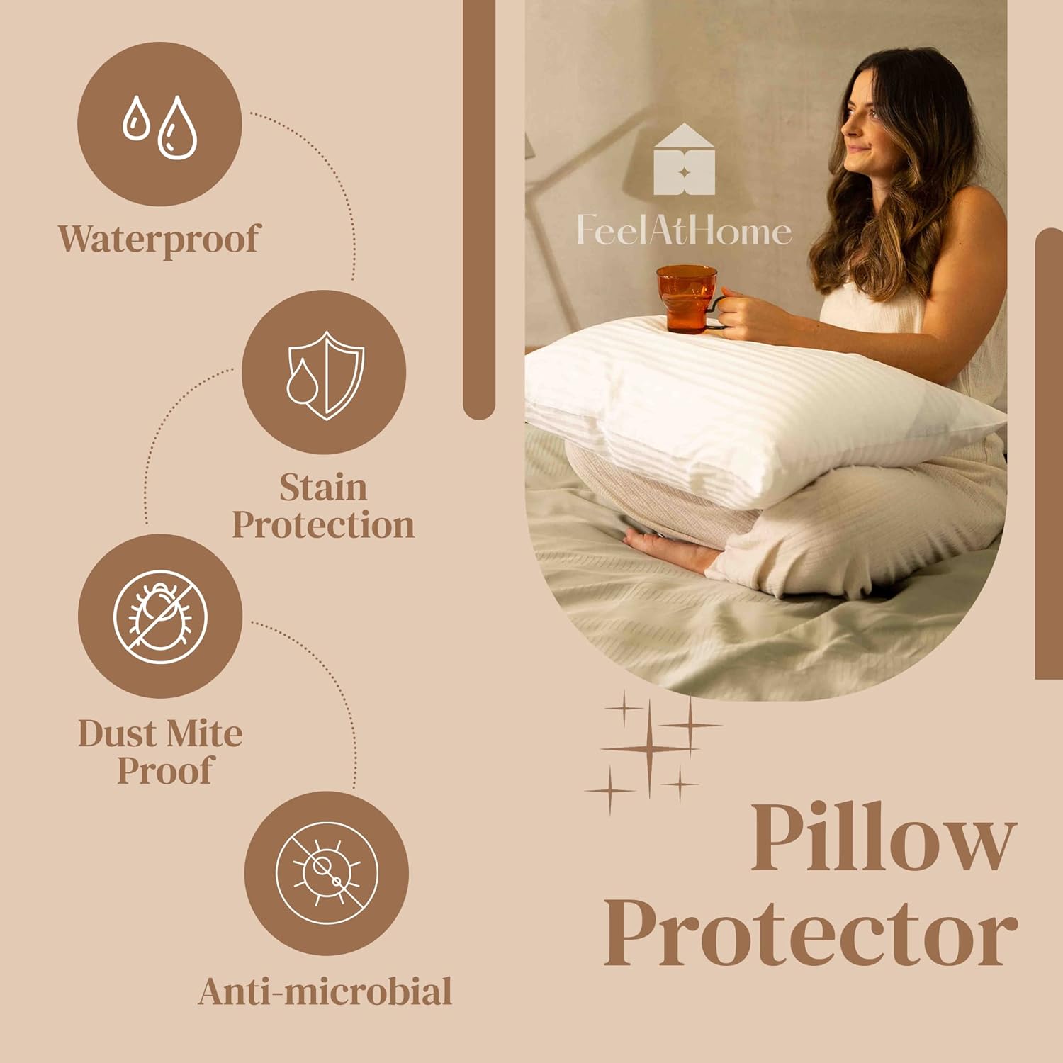 FeelAtHome  
Waterproof  
Stain Protection  
Dust Mite Proof  
Anti-microbial  
Pillow Protector