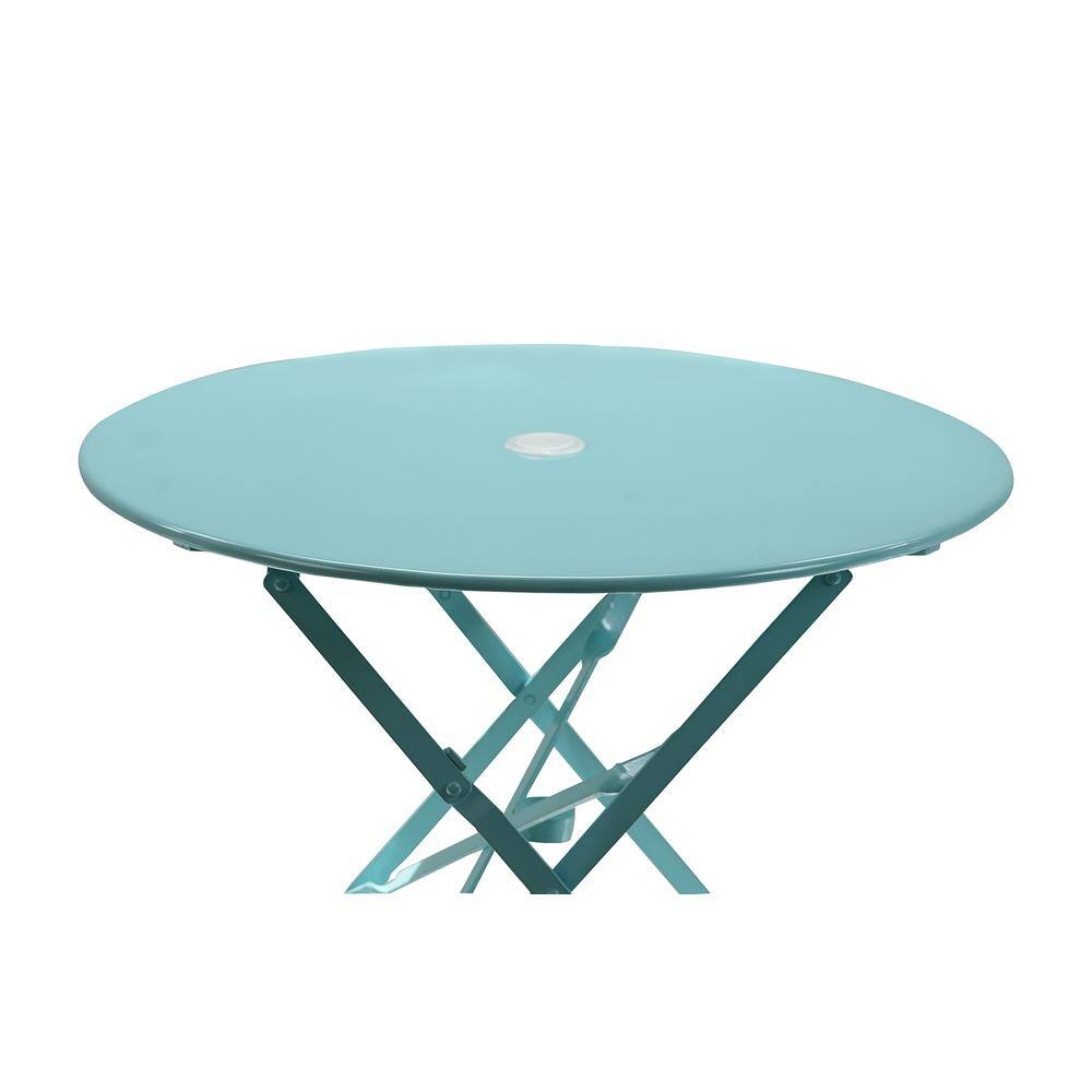 Left. Carolina Chair & Table - Bistro 30" Round Folding Outdoor Table - Umbrella Hole - Teal - Blue.