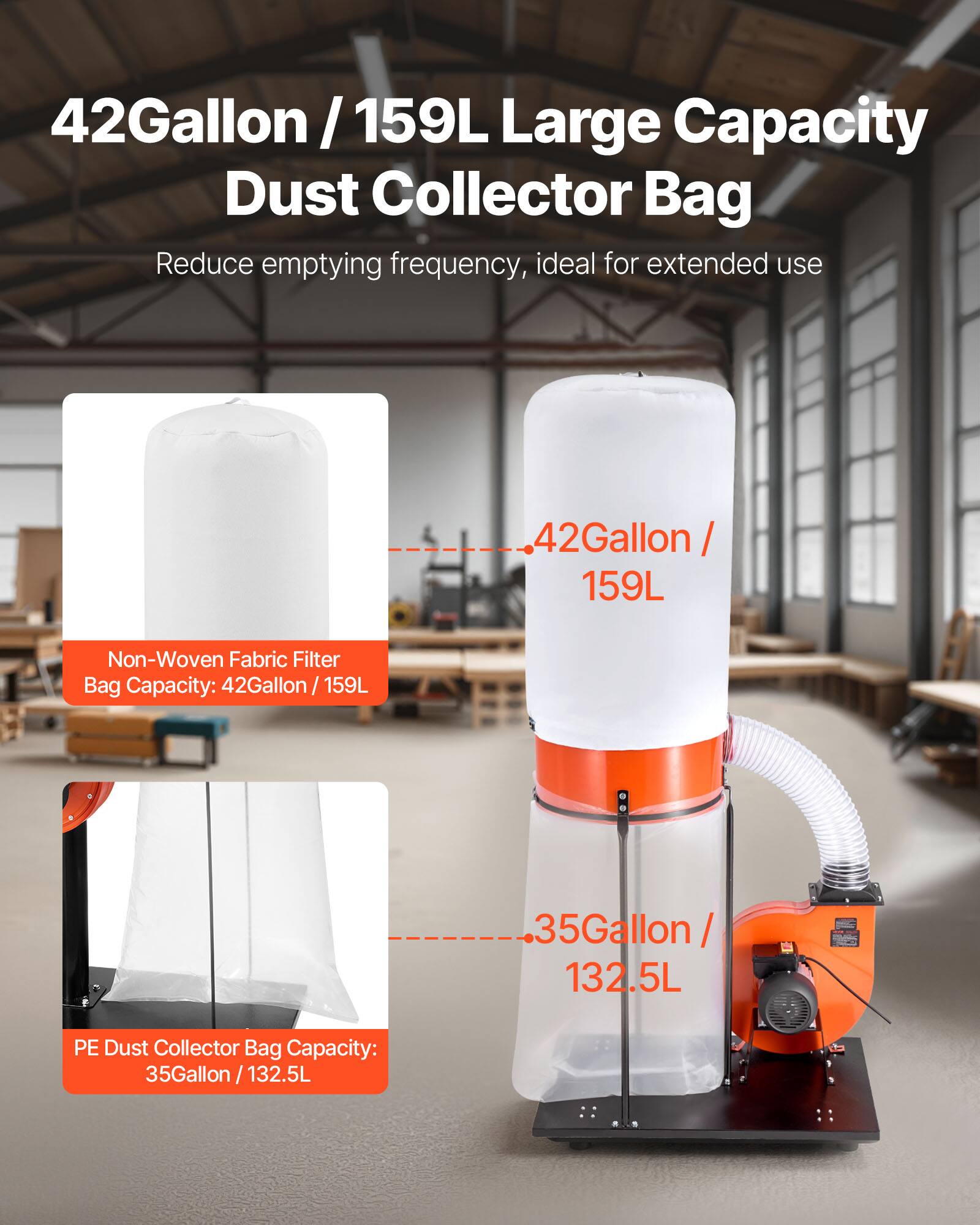 42Gallon / 159L Large Capacity Dust Collector Bag  
Reduce emptying frequency, ideal for extended use

42Gallon / 159L  
Non-Woven Fabric Filter Bag Capacity: 42Gallon / 159L

35Gallon / 132.5L  
PE Dust Collector Bag Capacity: 35Gallon / 132.5L