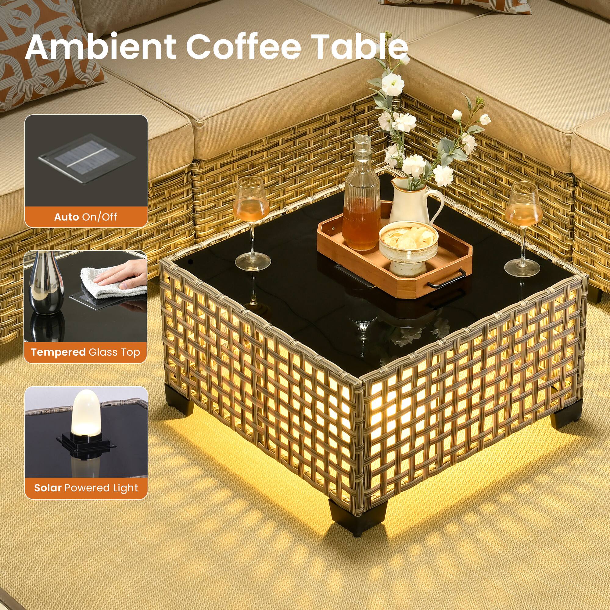 Ambient Coffee Table

- Auto On/Off
- Tempered Glass Top
- Solar Powered Light