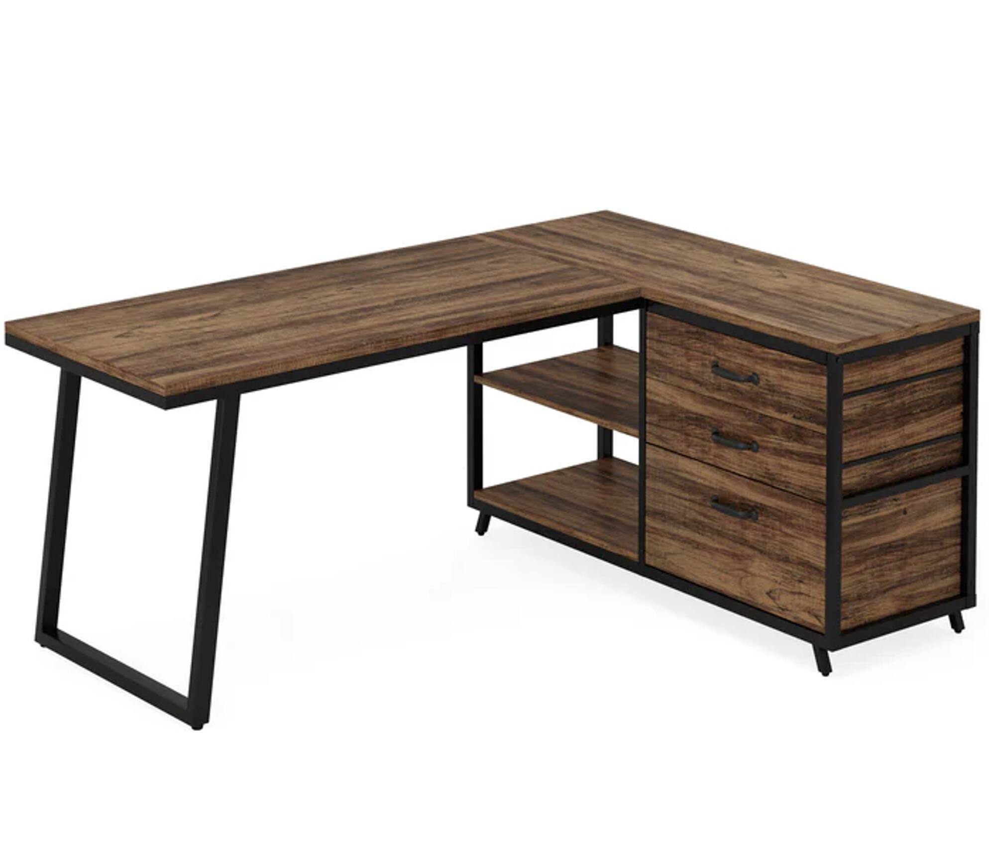Angle. Forest'nSky - L-Shaped Computer Desk with 3 Drawers, File Storage & Wood/Metal Design,Rustic Brown - Rustic Brown.