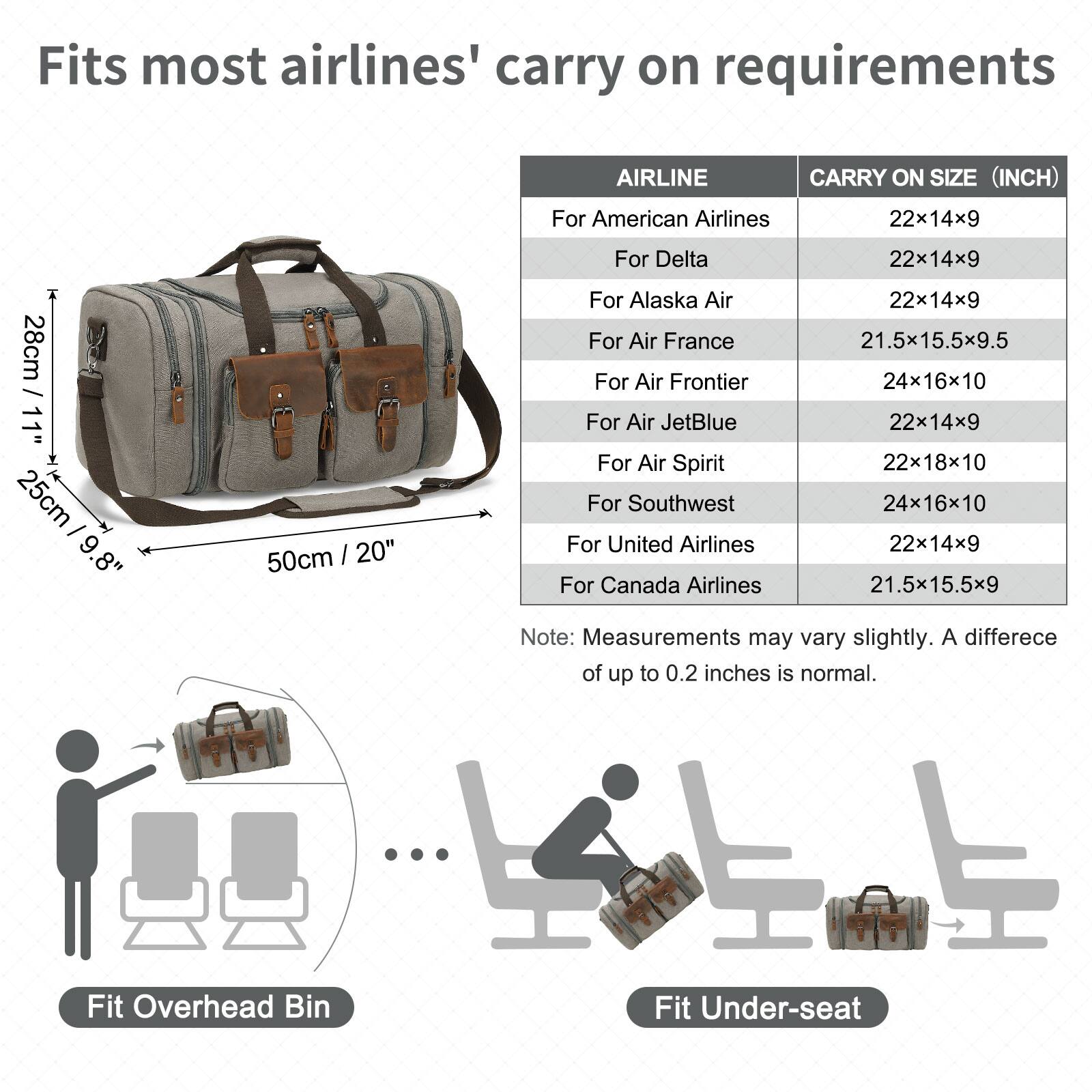 Fits most airlines' carry on requirements

AIRLINE | CARRY ON SIZE (INCH)

- For American Airlines | 22x14x9
- For Delta | 22x14x9
- For Alaska Air | 22x14x9
- For Air France | 21.5x15.5x9.5
- For Air Frontier | 24x16x10
- For Air JetBlue | 22x14x9
- For Air Spirit | 22x18x10
- For Southwest | 24x16x10
- For United Airlines | 22x14x9
- For Canada Airlines | 21.5x15.5x9

Note: Measurements may vary slightly. A difference of up to 0.2 inches is normal.

Fit Overhead Bin

Fit Under-seat