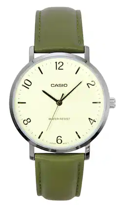 Casio - Standard Analog Green Leather Strap Dial Quartz MTP-VT03L-7B Men's Watch - White