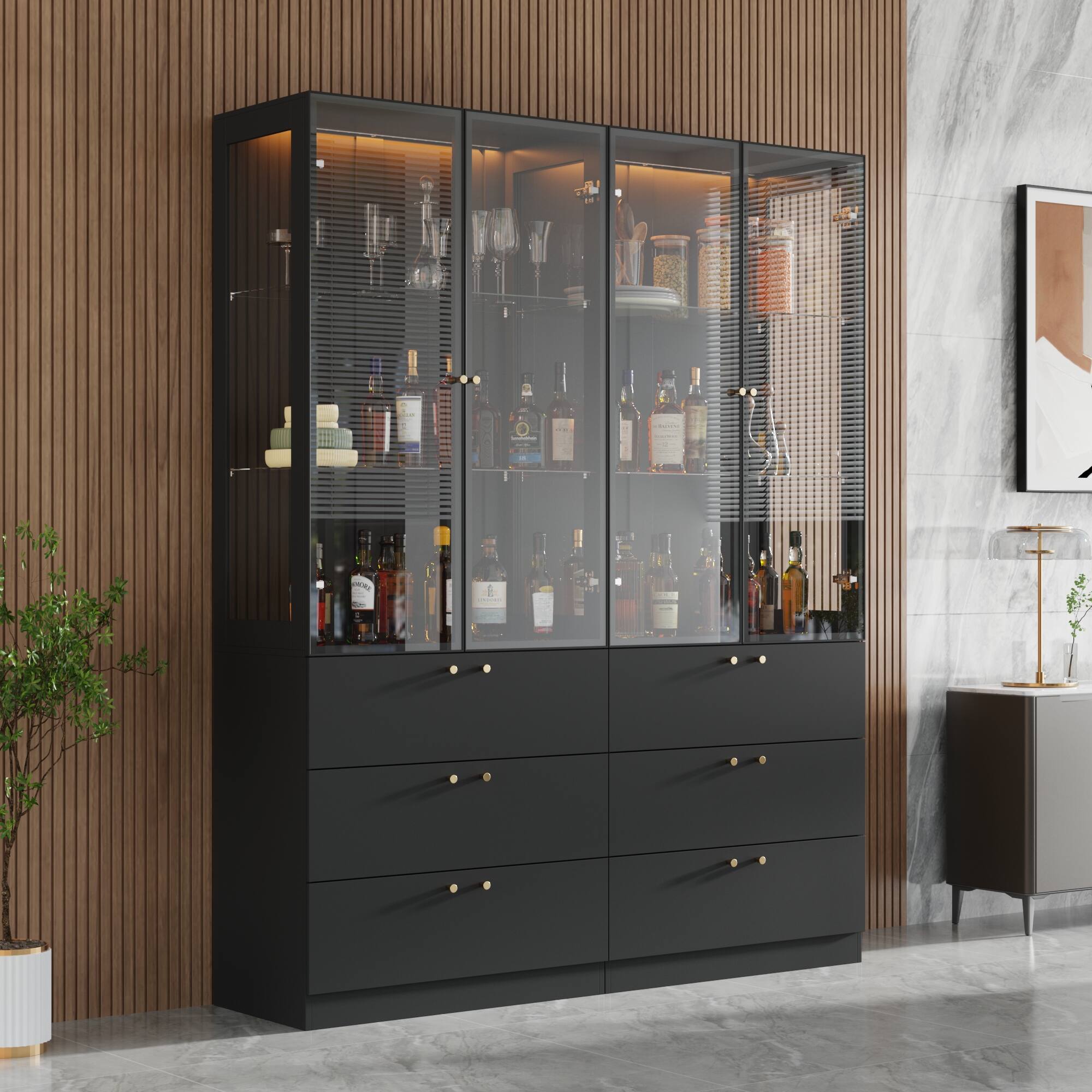 Alt View 8. Famapy - Multi-Functional Display Storage Cabinet with Glass Doors, LED Lighting, Adjustable Shelves and Drawers - Black.