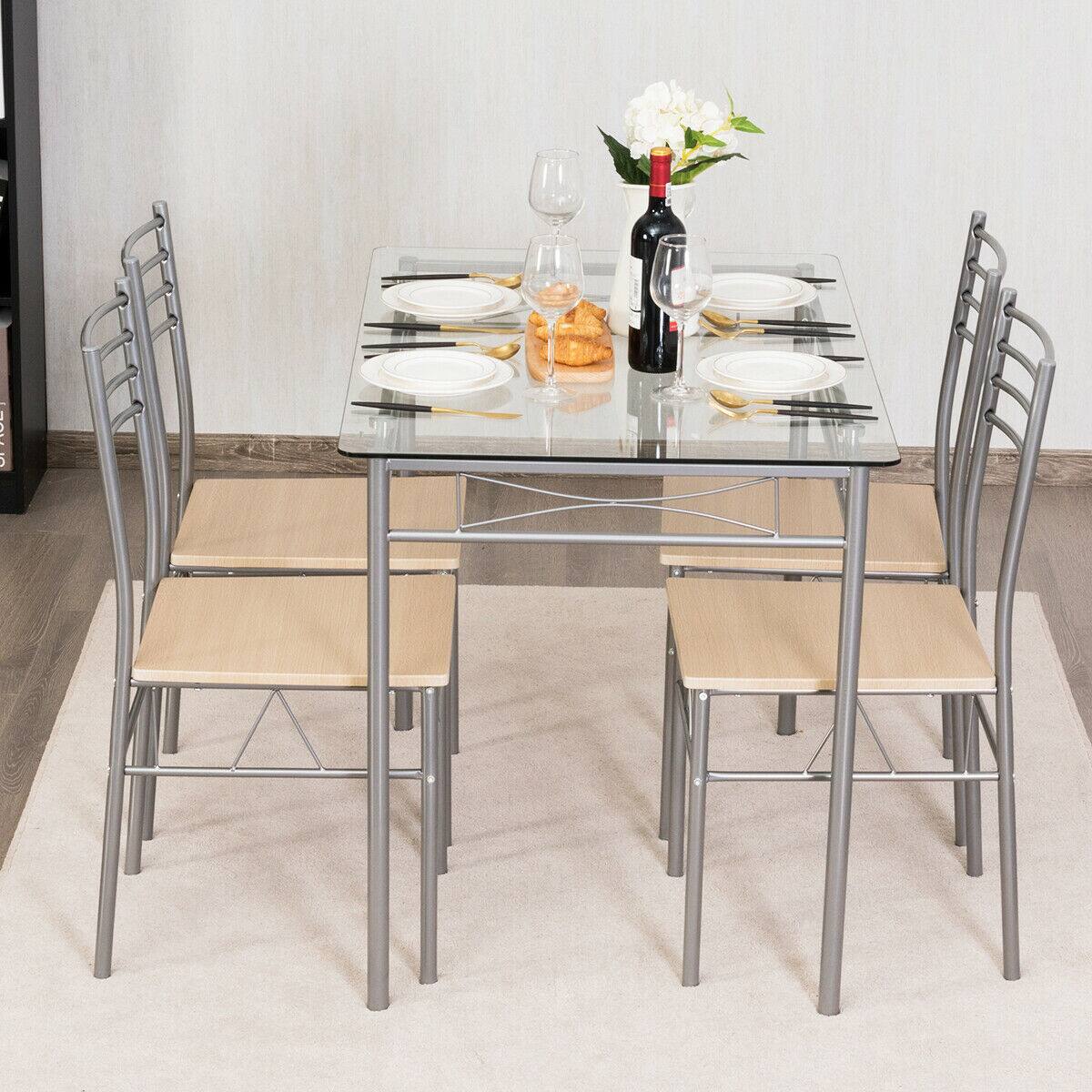 Alt View 7. Ecooso - Modern 5 Piece Glass Dining Table Set with 4 Chairs for Kitchen or Dining Space - Natural & Silver.