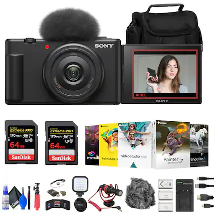 SONY ZEISS Tessar T* 2.0/7.6 REC
SONY SanDisk Extreme PRO 170 MB/s 30:3 64 GB
SanDisk Extreme PRO 170 MB/s V30 I 3 64 GB
COREL PHOTO PAINT
COREL VideoStudio 2020
COREL Painter essentials 7
COREL Shot Pro 3
SanDisk Extreme PRO 170 MB/s 64 GB
SanDisk Extreme PRO 170 MB/s 64 GB
SONY BATTERY CHARGER
SONY NP-BX1 BATTERY
USB CABLE
MICRO USB CABLE
LAMP
CLEANING KIT
TRIPOD
MICROPHONE
WIRELESS REMOTE
SONY CAMERA BAG
BUY