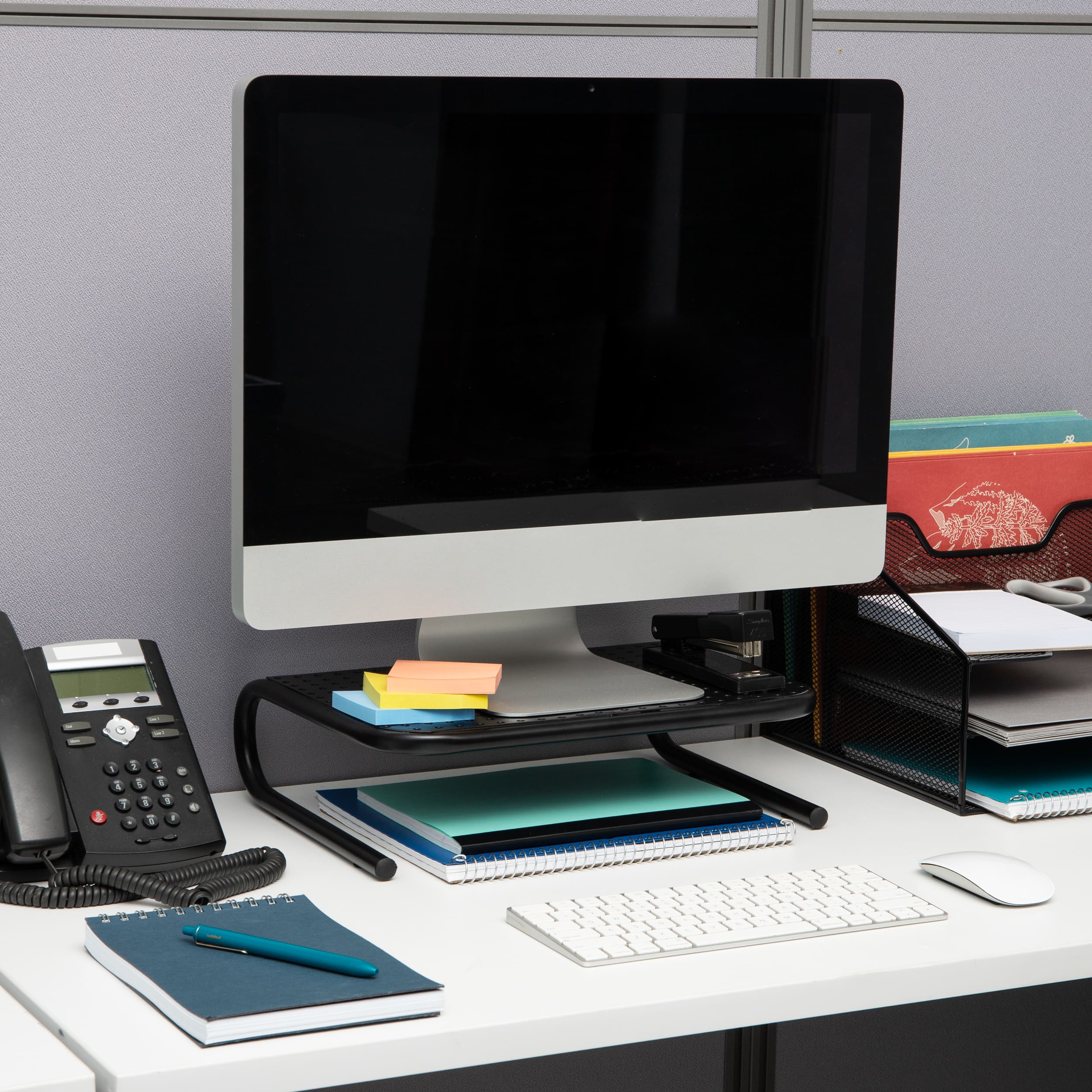 Alt View 11. Mind Reader - Monitor Stand, Ventilated Laptop Riser, Desktop Organizer, Metal, 14.5"L x 11.25"W x 4.25"H, Set of 2 - Black.