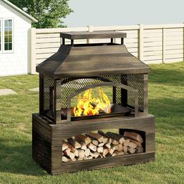 Bestier - 37in Rectangular Outdoor Fireplace, Wood Burning Fire Pit Built-in Log Storage and Poker for Patio Garden Outdoor - Brown