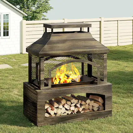 Front. Bestier - 37in Rectangular Outdoor Fireplace, Wood Burning Fire Pit Built-in Log Storage and Poker for Patio Garden Outdoor - Brown.