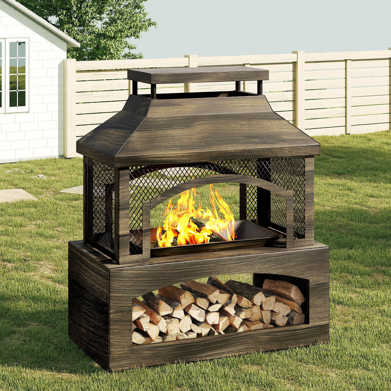 Front. Bestier - 37in Rectangular Outdoor Fireplace, Wood Burning Fire Pit Built-in Log Storage and Poker for Patio Garden Outdoor - Brown.