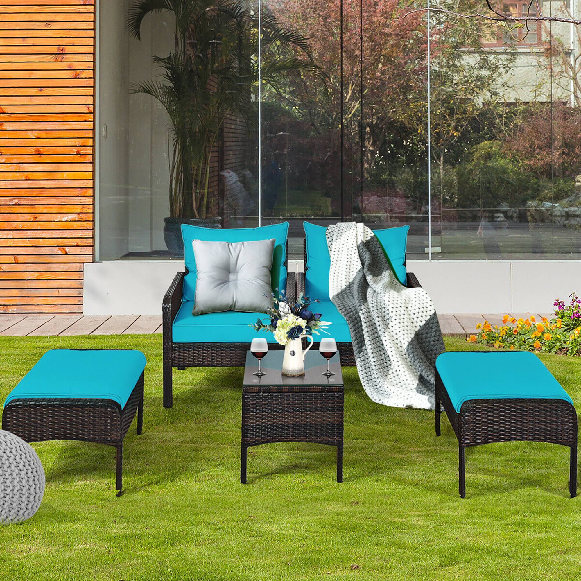 Alt View 3. Costway - Costway 5 PCS Patio Rattan Furniture Set Sofa Ottoman Table Cushioned - Turquoise.