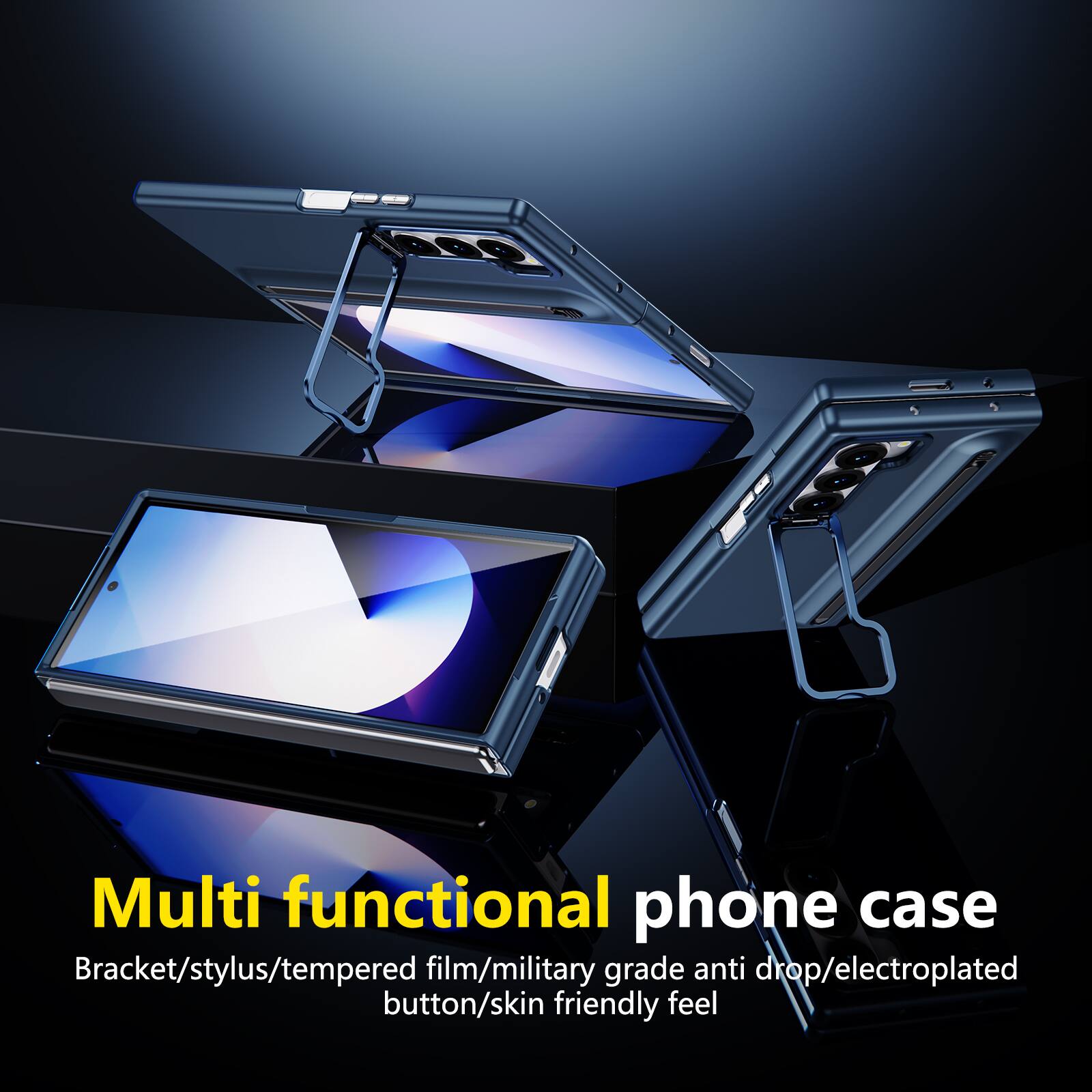 Multi functional phone case  
Bracket/stylus/tempered film/military grade anti drop/electroplated button/skin friendly feel