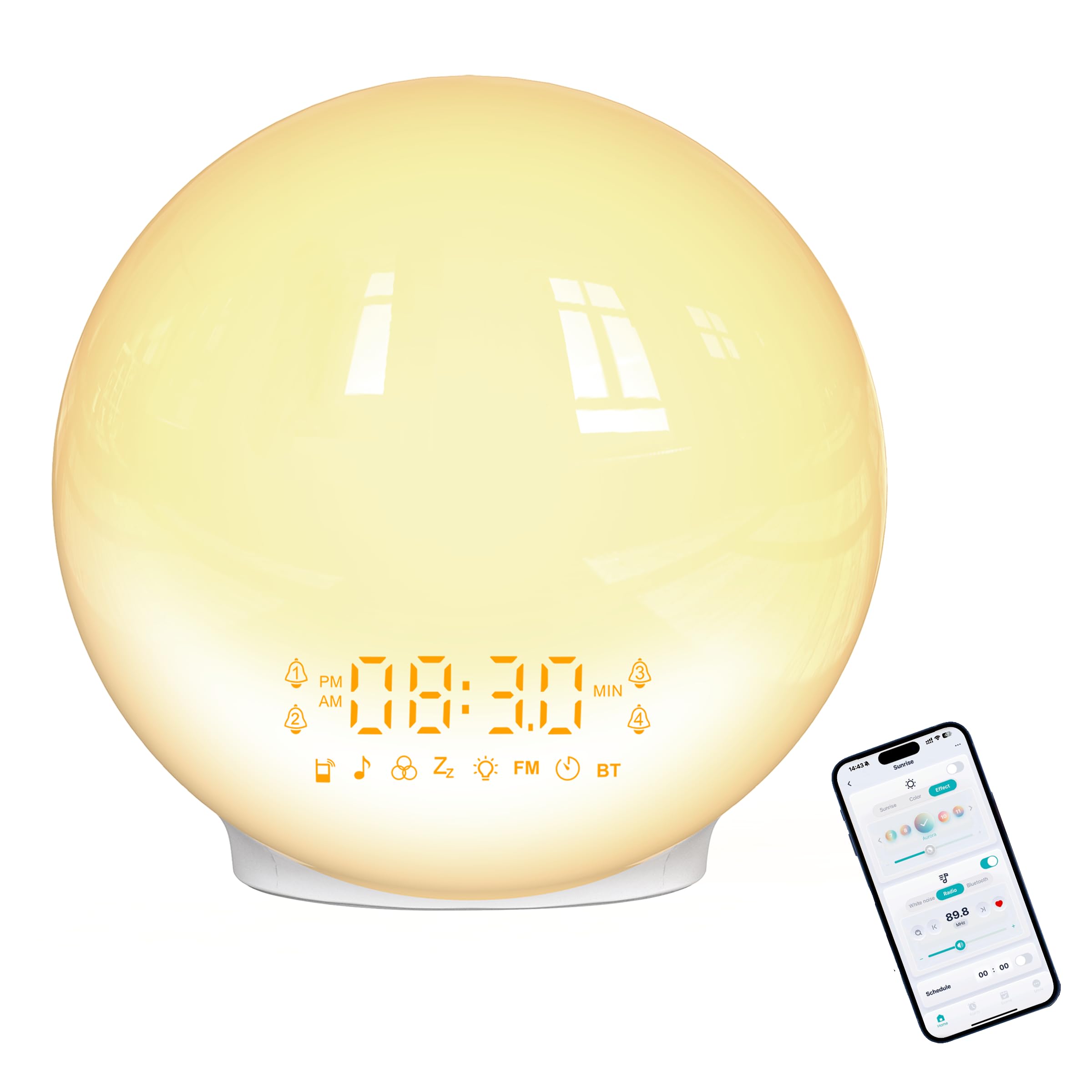 Sure, here is the corrected and grouped text from the image:

- **Time Display:**
  - 08:30

- **Indicators:**
  - PM
  - AM
  - MIN
  - BT

- **Icons:**
  - Alarm
  - Music
  - FM
  - Bluetooth
  - Temperature (68.8°F)
  - Timer (00:00)

- **Additional Text:**
  - Zz (Sleep mode icon)
  - FM (Radio icon)
  - BT (Bluetooth icon)