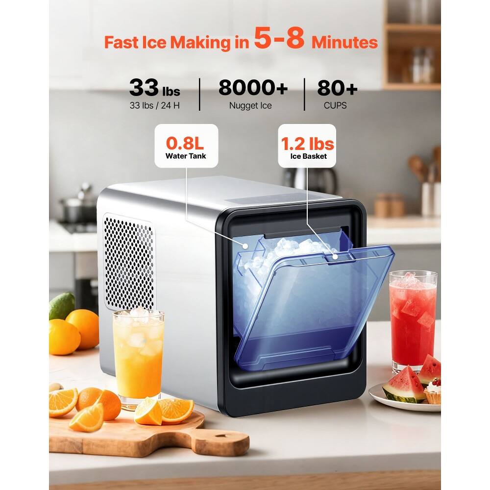 Fast Ice Making in 5-8 Minutes  
33 lbs (33 lbs / 24 H)  
8000+ Nugget Ice  
80+ CUPS  
0.8L Water Tank  
1.2 lbs Ice Basket