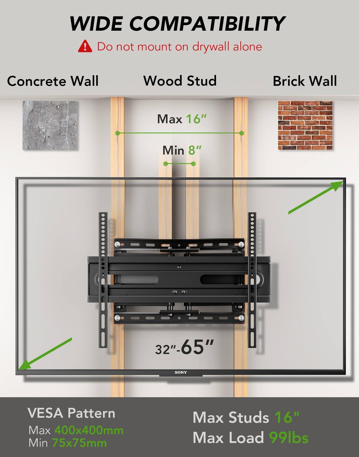 **WIDE COMPATIBILITY**

⚠️ Do not mount on drywall alone

- **Concrete Wall**
- **Wood Stud**
  - Max 16"
  - Min 8"
- **Brick Wall**

**32" - 65"**

**SONY**

**VESA Pattern**
- Max 400x400mm
- Min 75x75mm

**Max Studs 16"**
**Max Load 99lbs**