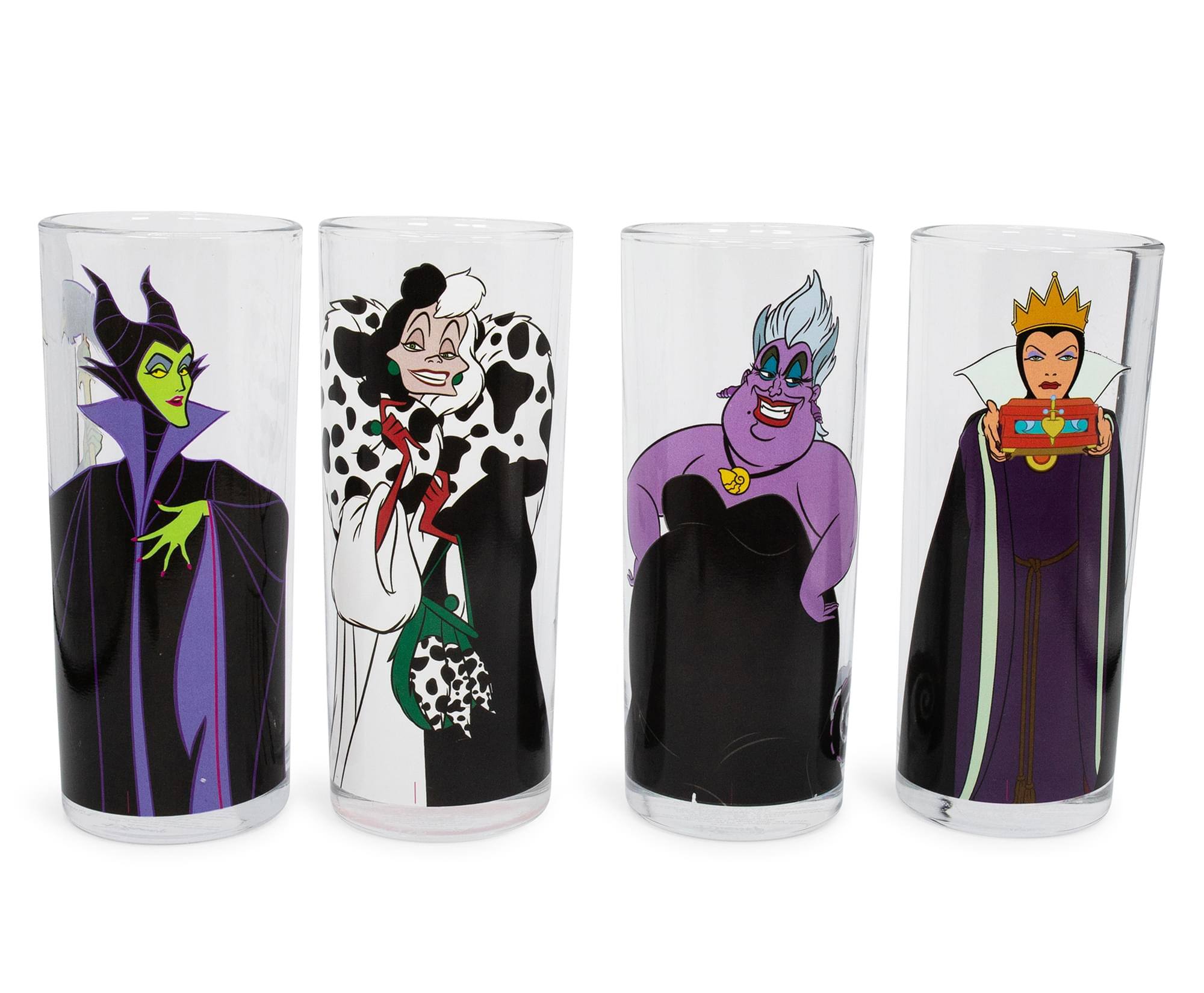 Front. Silver Buffalo - Disney Villains 10-Ounce Tumbler Glasses | Set of 4 - Clear.