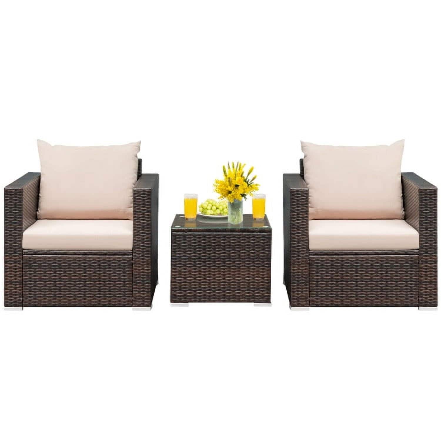 Pefilos - 3-Piece 3 Pcs Patio Rattan Furniture Bistro Sofa Set, Patio Outdoor Furniture Conversation Sets with Coffee Table - Beige
