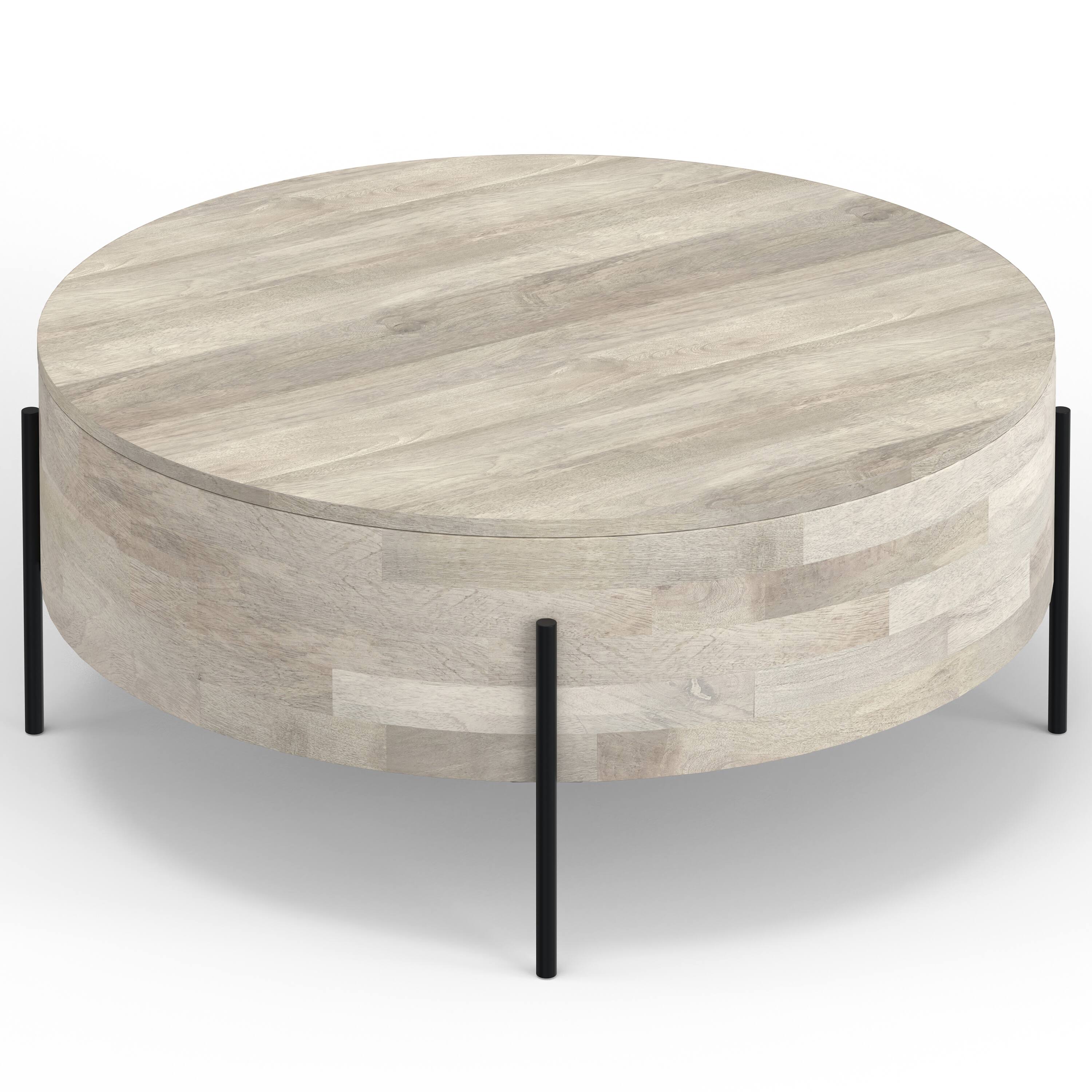 Alt View 4. Simpli Home - Rayburn SOLID MANGO WOOD 38 inch Wide Round Modern Urban Drum Coffee Table in White Wash - White Wash.