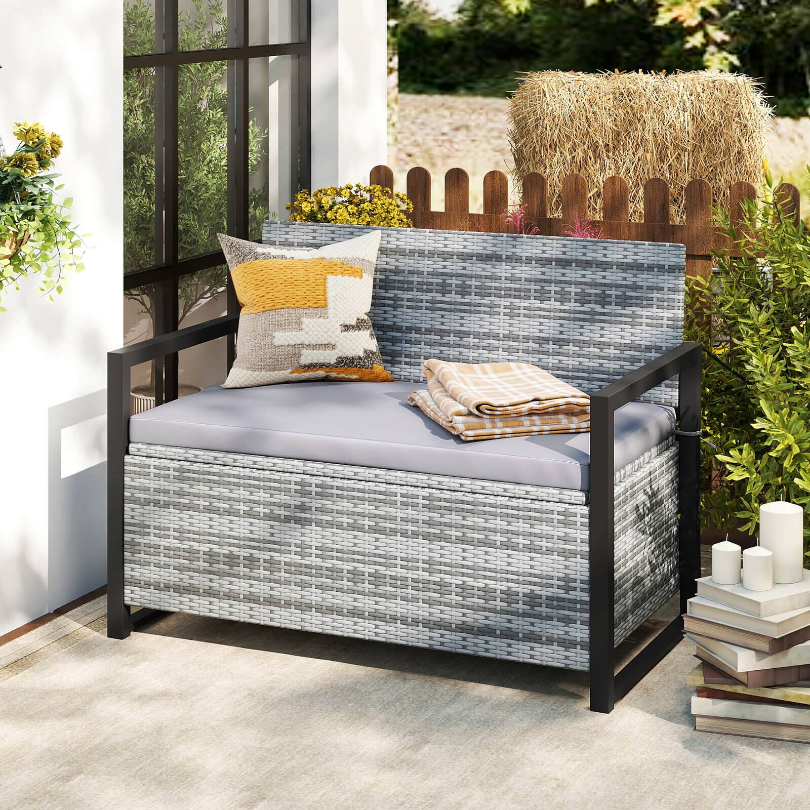 Alt View 3. Costway - Costway Patio Storage Bench Wicker Loveseat with Built-in Storage & Long Seat Cushion - Gray.